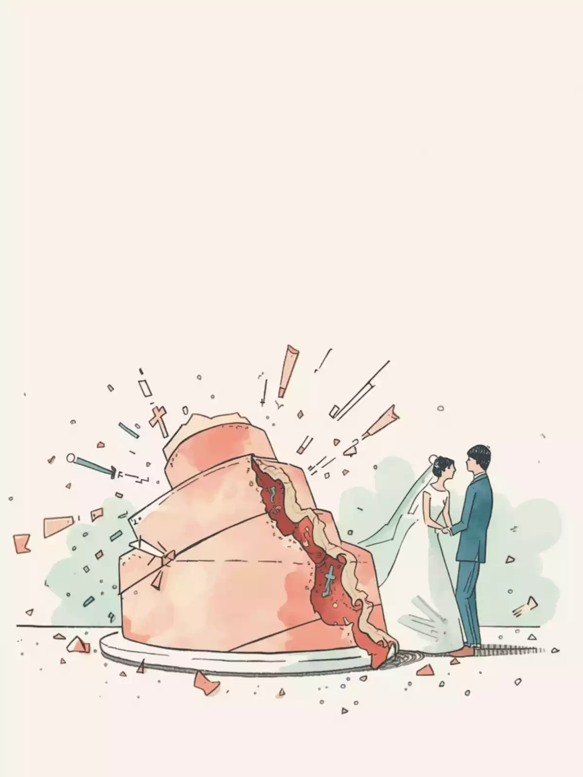 Hand-drawn humorous wedding card illustration with a calm bride and groom beside a massive pink exploding wedding cake. Whimsical cartoon style for funny engagement and marriage congratulations.