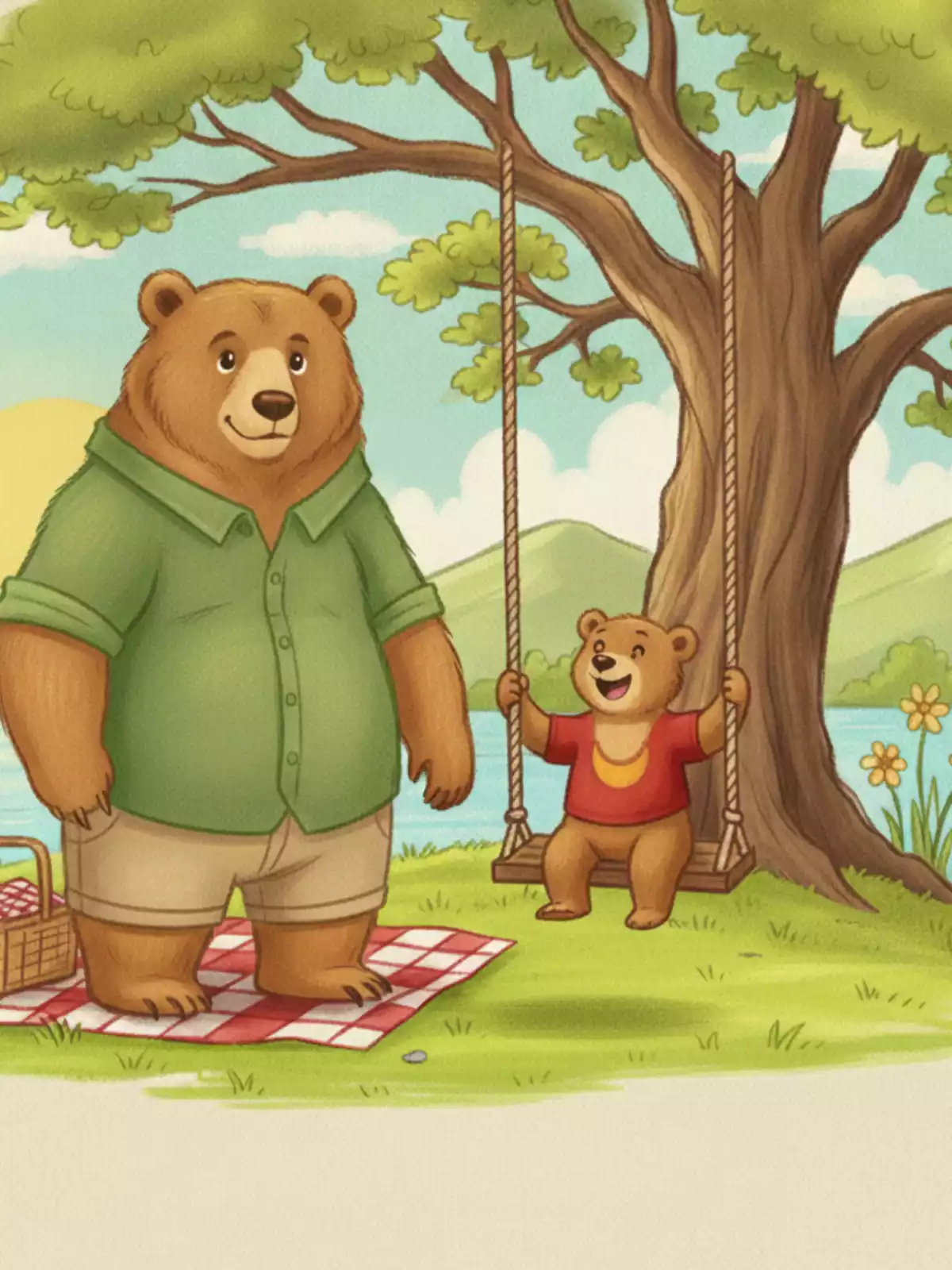 A heartwarming animated Father's Day illustration showing a father bear and baby bear cub enjoying a sunny lakeside picnic with a red plaid blanket and picnic basket, cute hand-drawn style with soft warm colors.