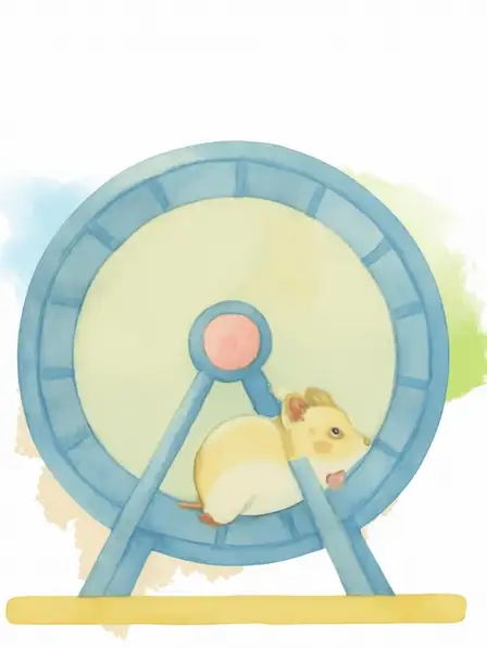 Funny watercolor illustration of a determined brown hamster tirelessly running on a wooden wheel, with the white text 'Keep Going!' against a soft blue and green background, ideal for a humorous motivational greeting card.
