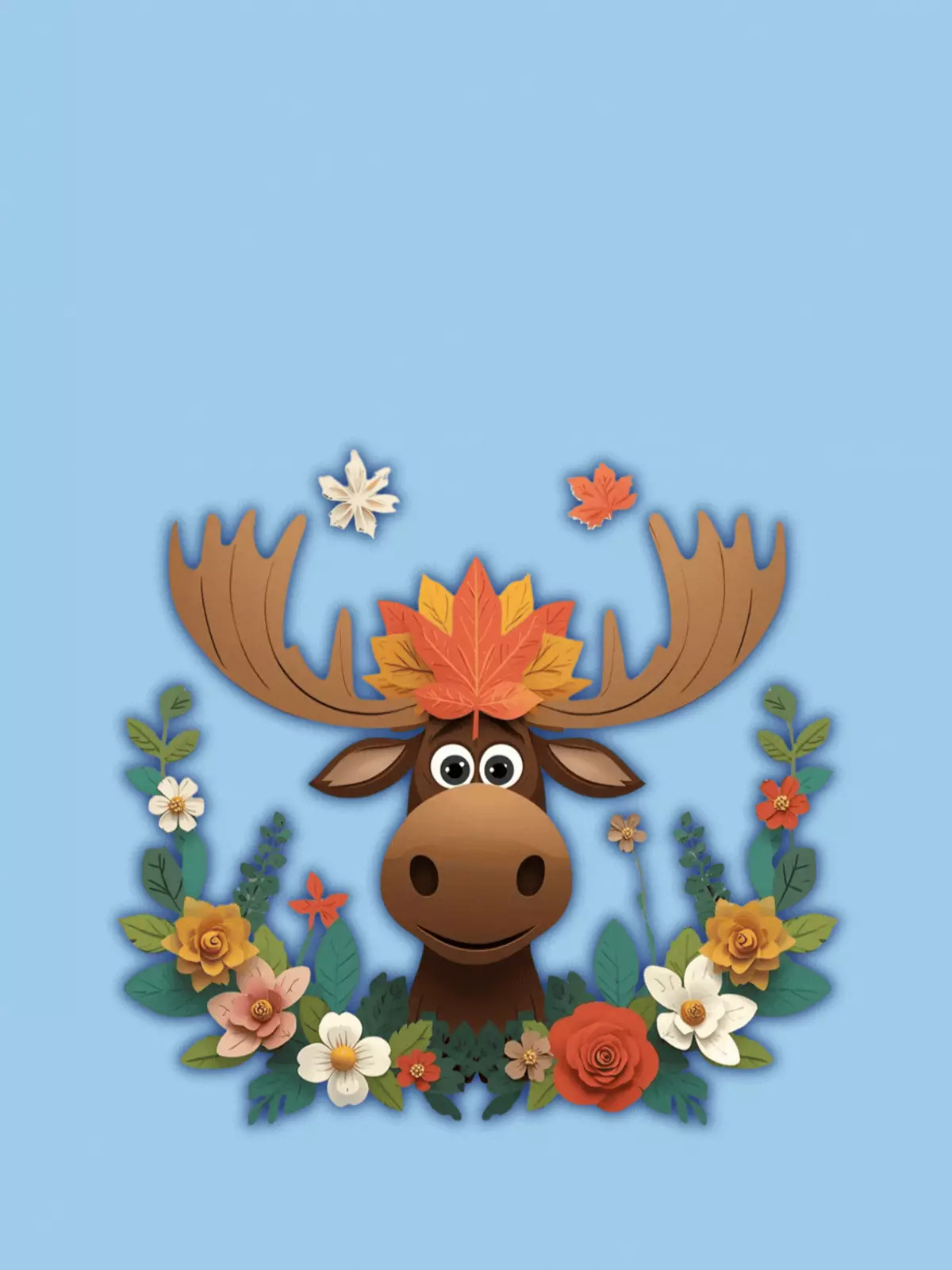 Funny 3D Canada Day card featuring a silly moose wearing a maple leaf hat surrounded by colorful floral elements, playful and lighthearted design