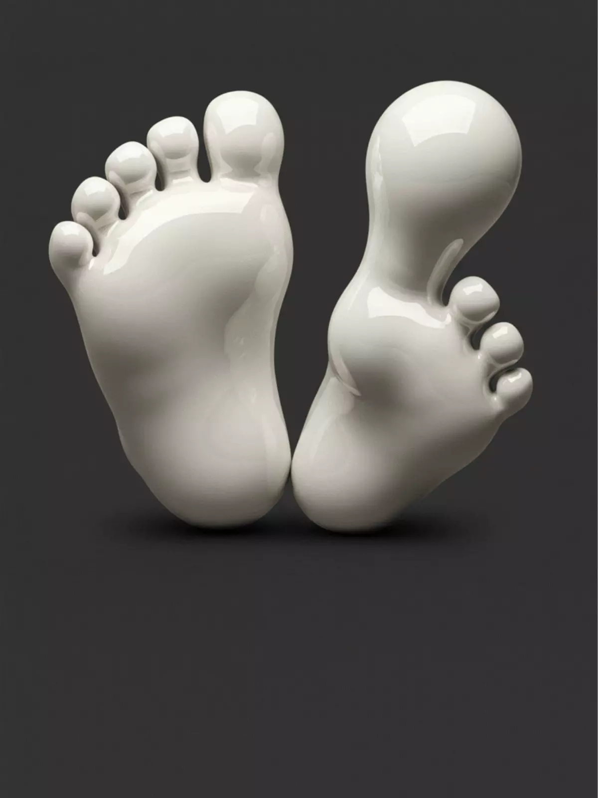 Close-up photograph of two glossy white ceramic baby feet with textured details on a light background, representing a minimalist, modern, and funny new baby or baby shower greeting card design.