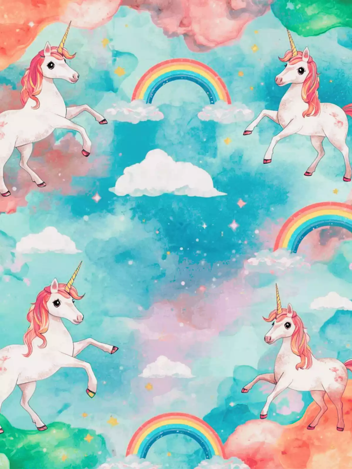 Playful holographic motivational greeting card featuring vibrant cartoon-like unicorns and rainbows, artistic watercolor style with sparkling light effects, perfect for inspiring friends and loved ones.