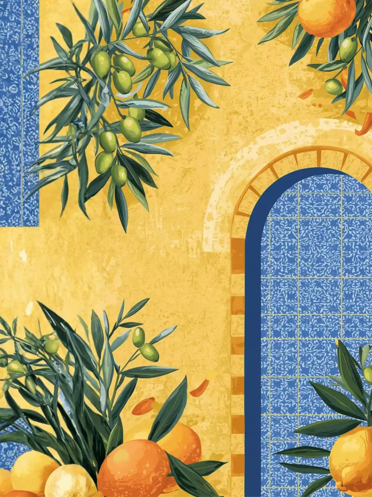 Vibrant Mediterranean-inspired 'Bienvenue!' welcome card with humorous, whimsical traditional motifs and warm colors, ideal for a new home or colleague.