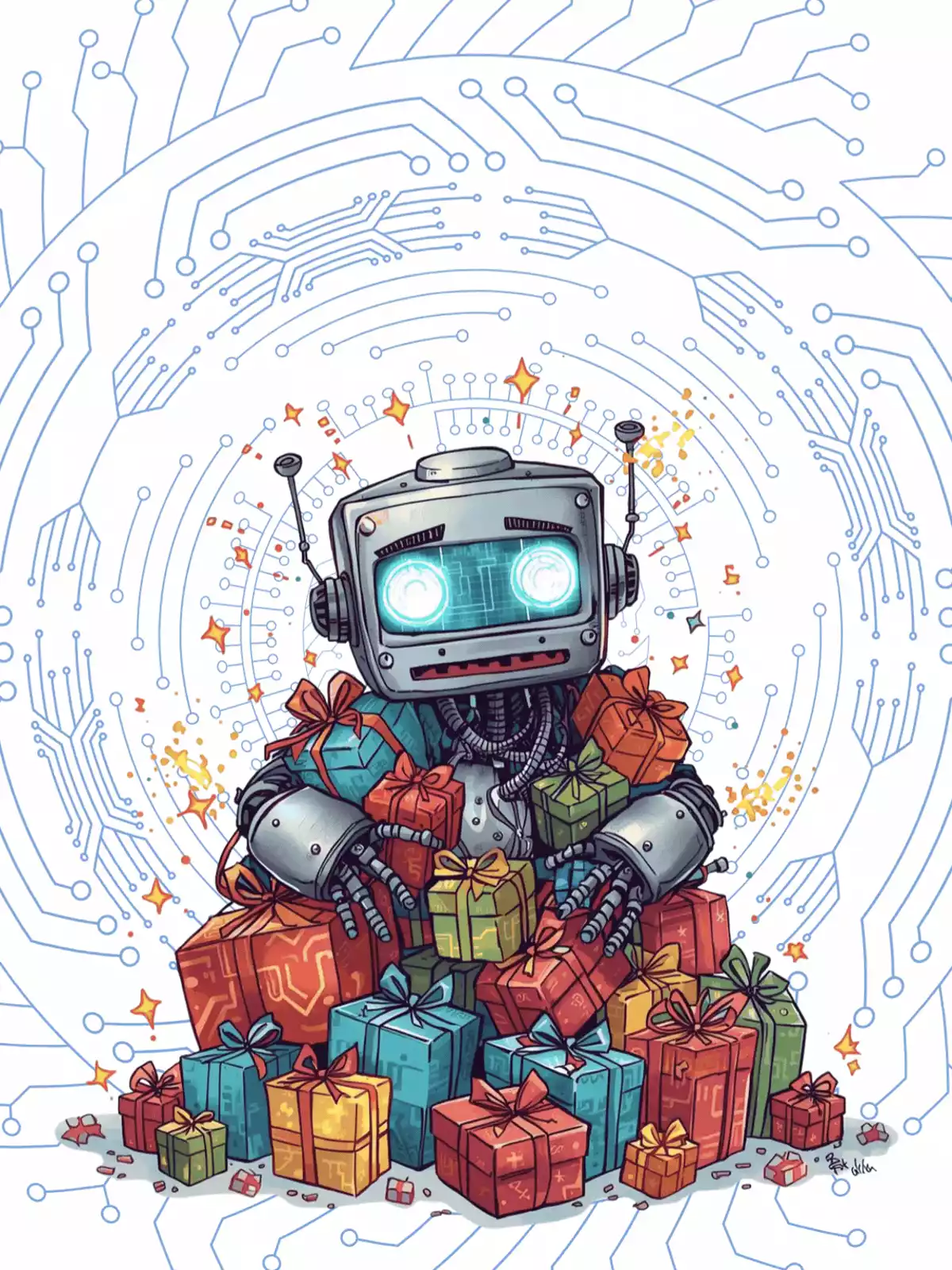 Funny digital thank you card featuring a charming robot overflowing with gratitude and gifts, designed with a cool brushed steel effect and comically overloaded circuits, perfect for a modern appreciation message.