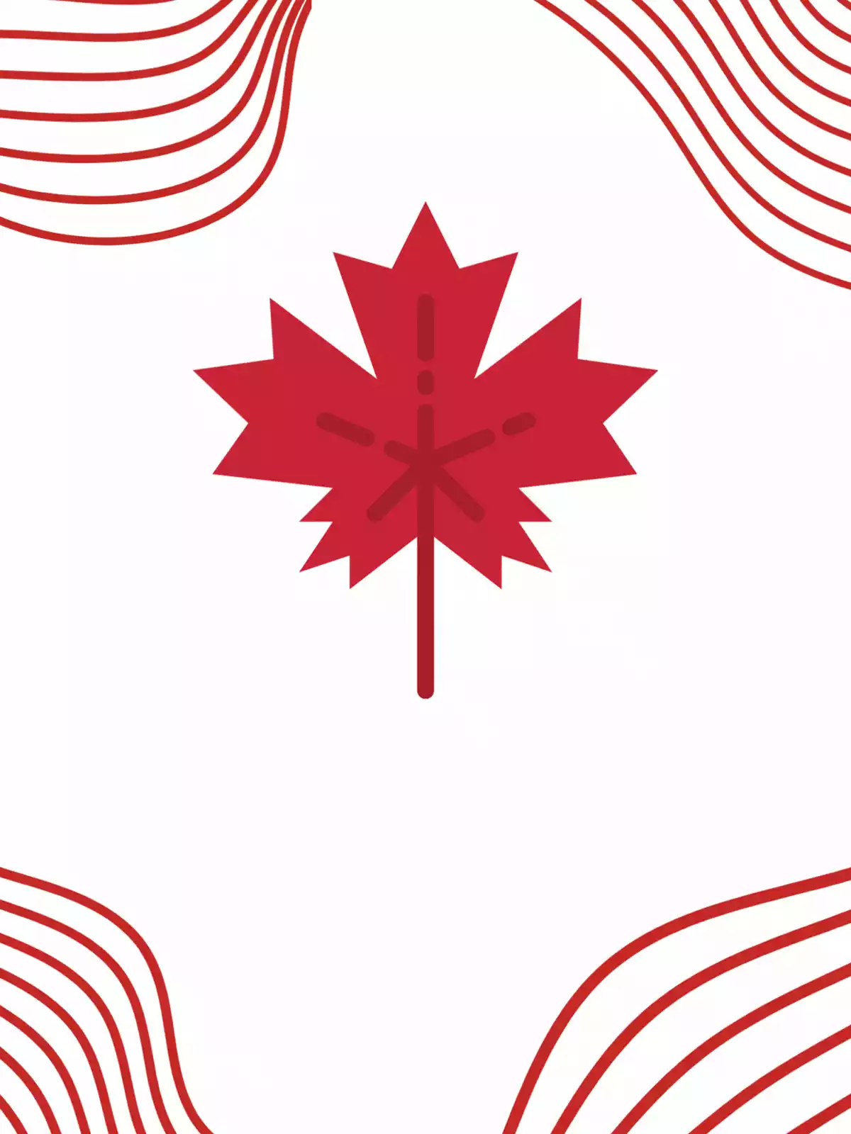 Flat design Canada Day card featuring a prominent red maple leaf on a white background, simple and patriotic design