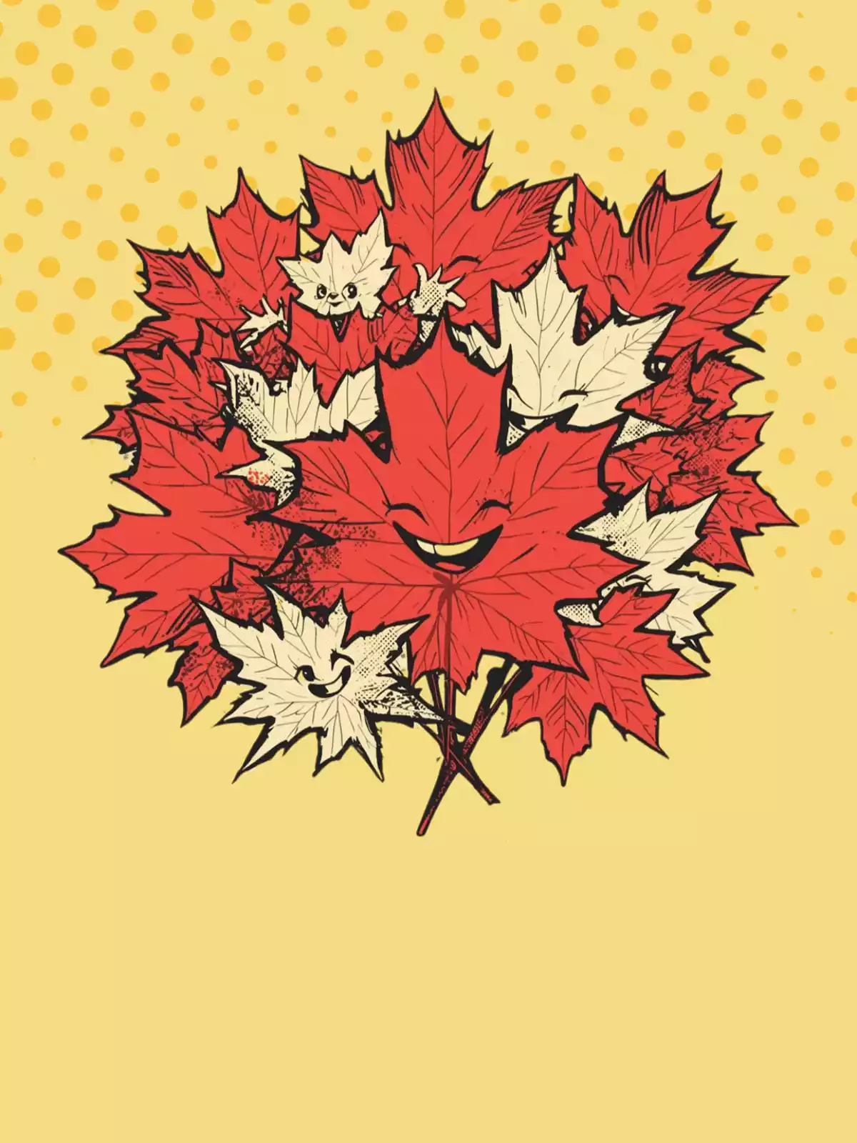 Vintage Canada Day greeting card with cartoon maple leaves and playful retro typography.