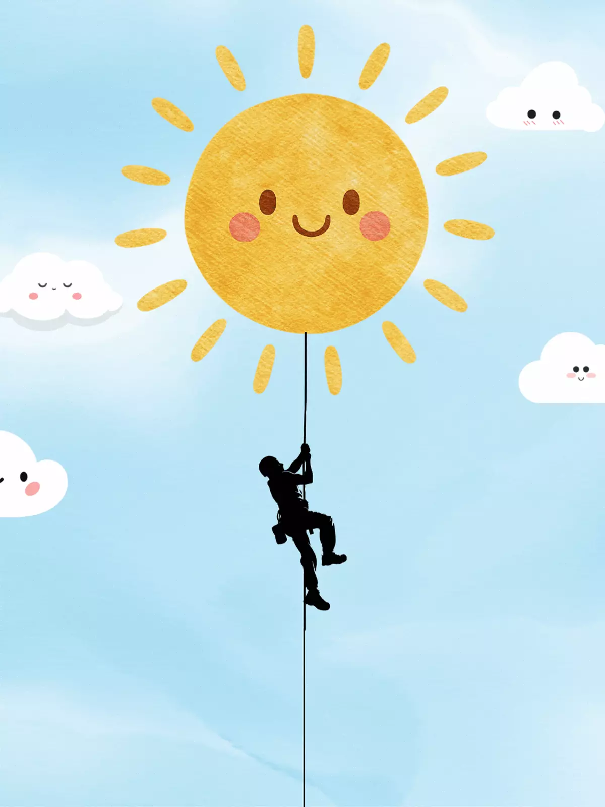 Watercolor style digital motivation card with a humorous ladder reaching for the sky, vibrant yellow oversized sun, and cartoon clouds on a black and white background. Free artistic encouragement greeting.