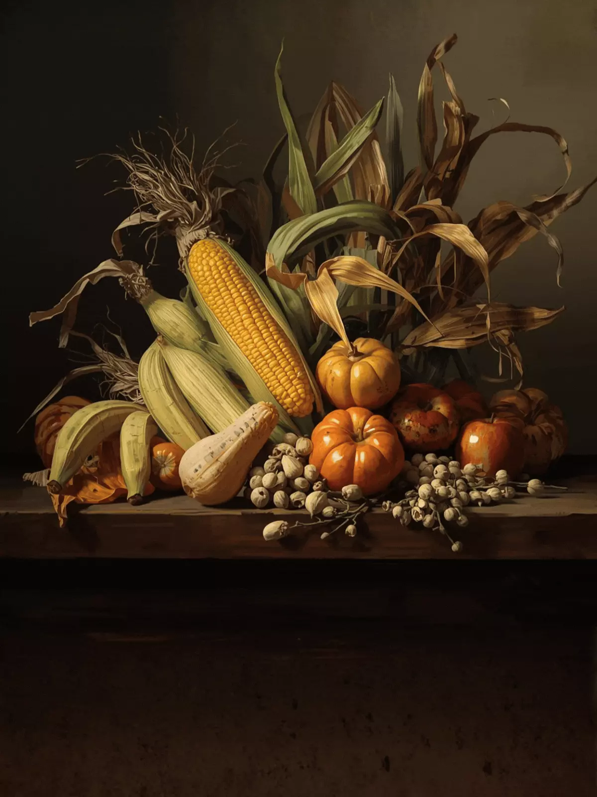 Free digital Kwanzaa greeting card template featuring a bountiful harvest theme with colorful corn, red, green, and black fruits. Elegant serif fonts on a warm, earthy background, with nature and floral elements, celebrating unity and the African American holiday.