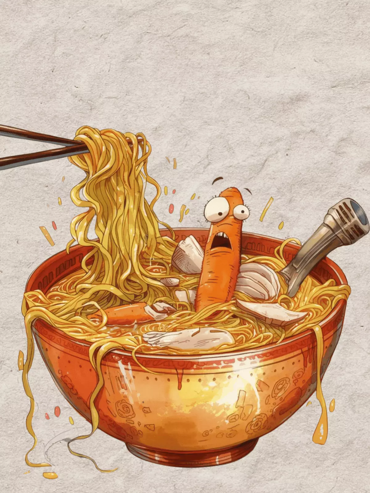 Minimalist watercolor digital Get Well card with a funny, oversized bowl of steaming chicken noodle soup. Modern 'Thinking Of You' design for comfort.