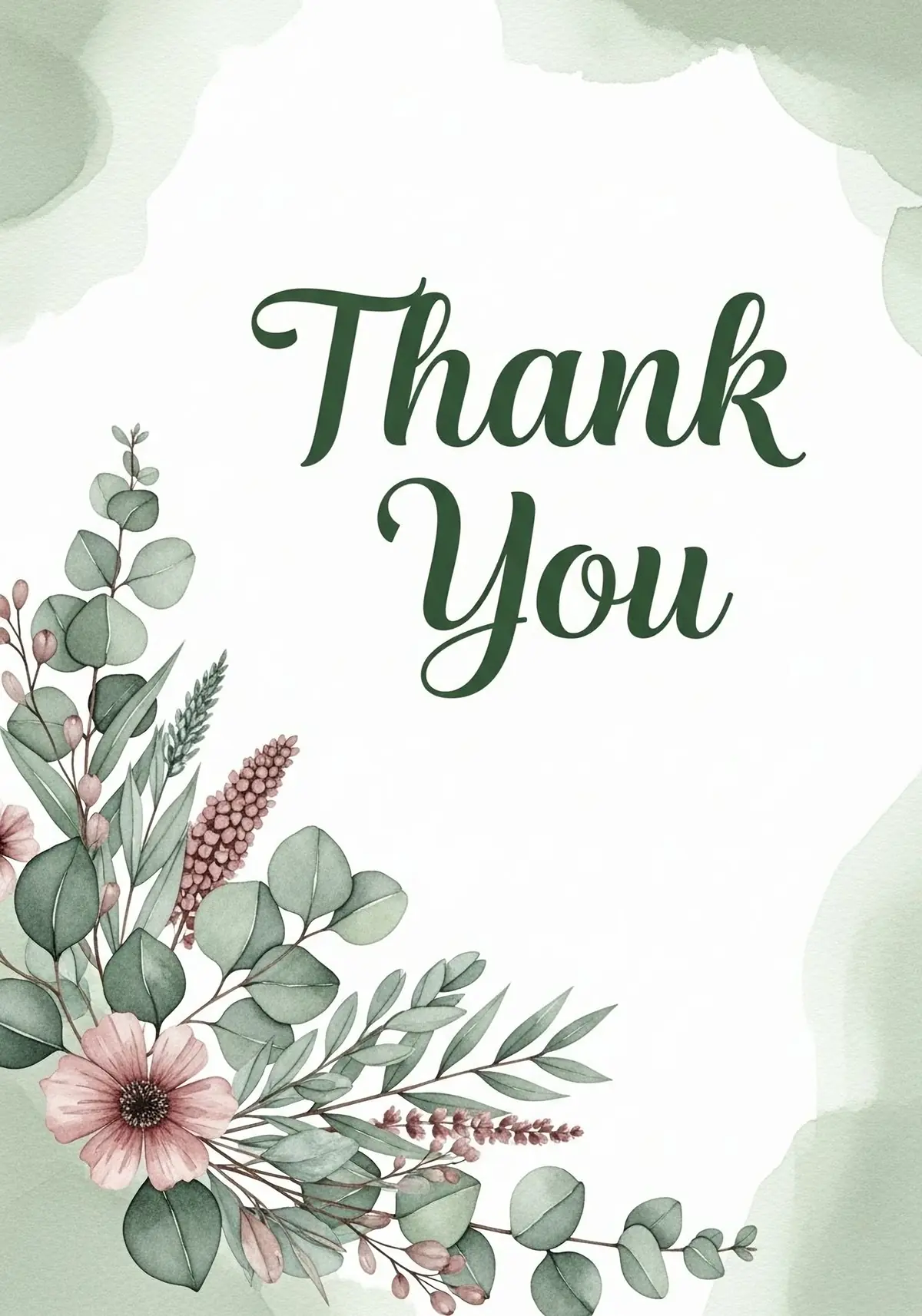 Watercolor thank you card featuring delicate botanical elements in soft hues, artistic design style, conveying appreciation and gratitude