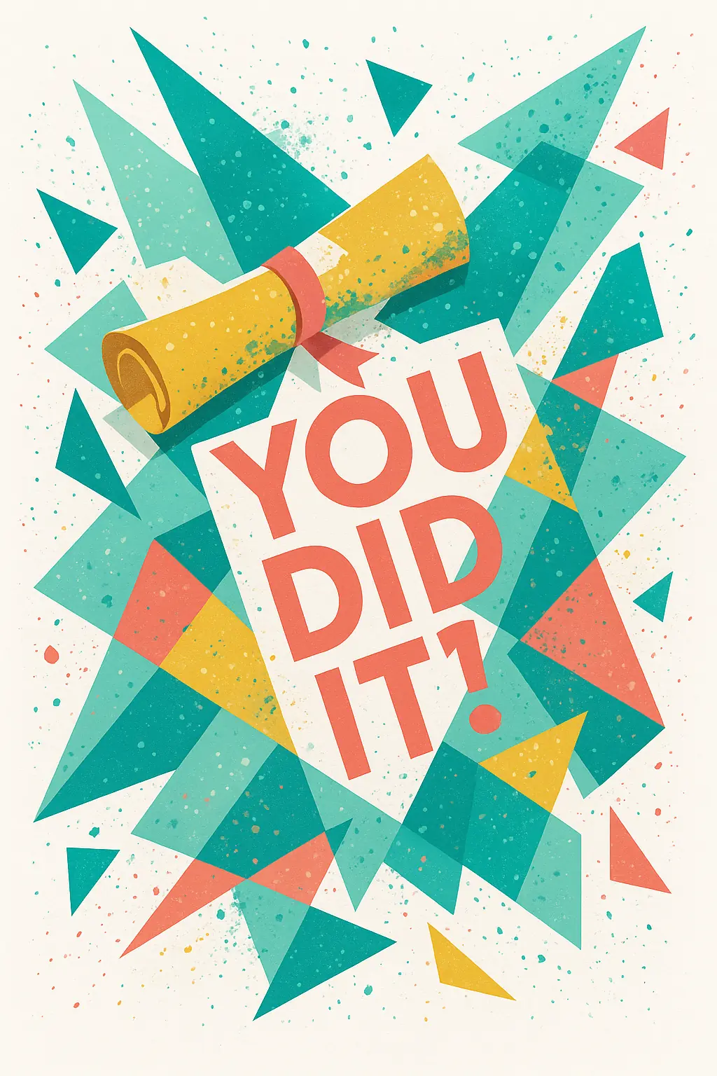 Abstract graduation card featuring a deconstructed diploma design with splattered ink and chaotic geometric shapes, celebrating the messy journey to success, perfect for teens and friends.