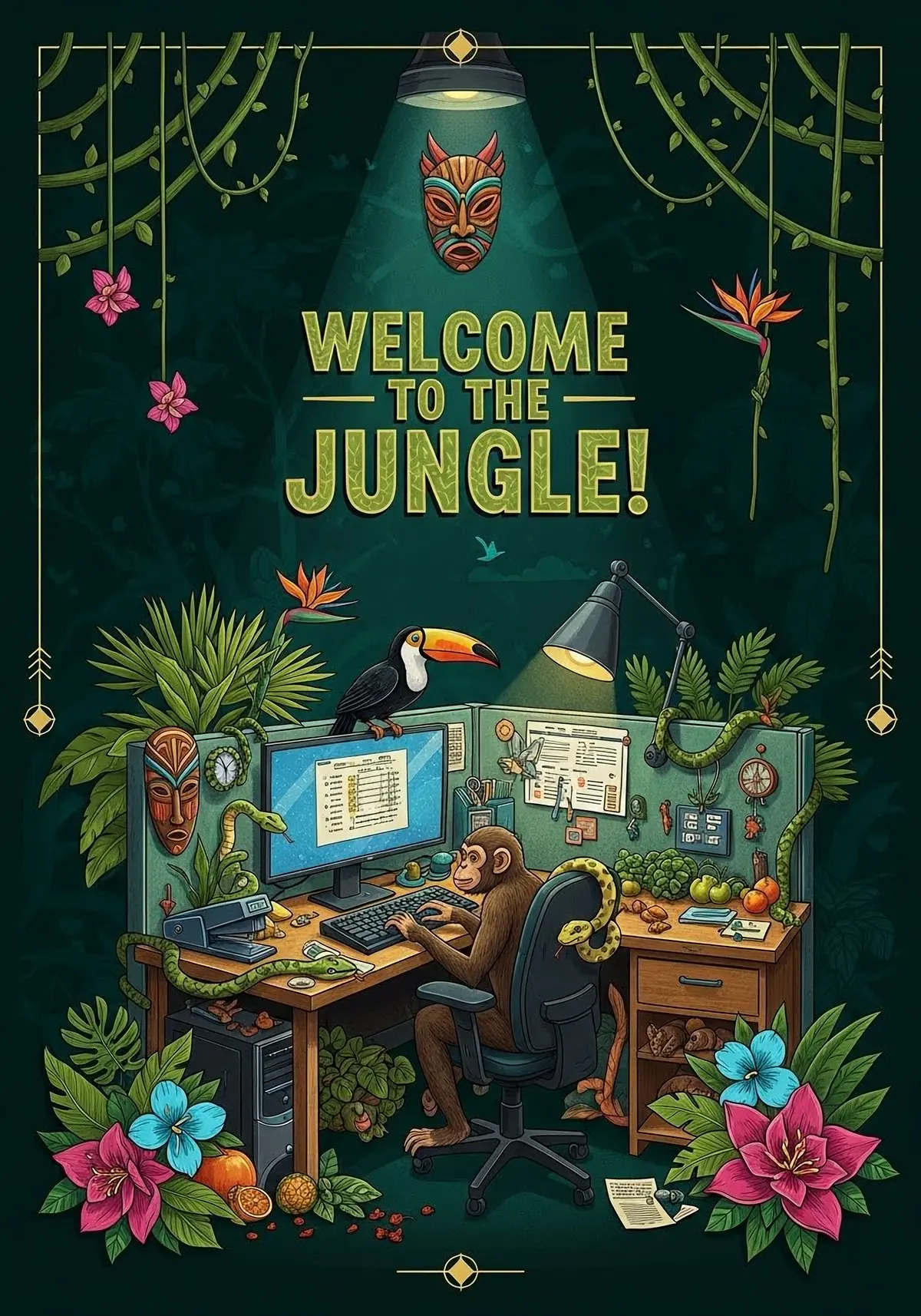 Whimsical welcome card illustration: a colleague's office reimagined as a jungle with exotic animals, bright colors, playful design, perfect for welcoming a new colleague or celebrating a new office.