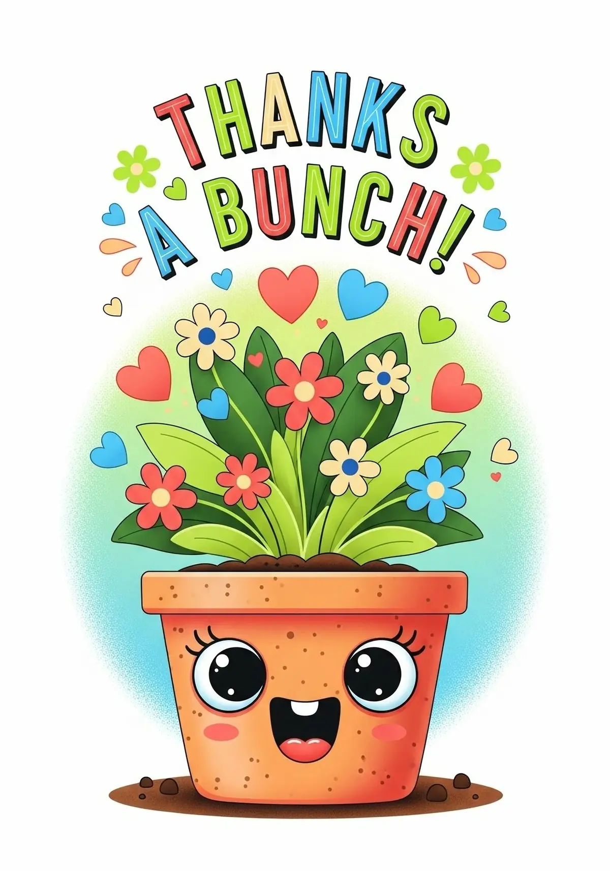 Humorous thank you card featuring a cartoon potted plant with a grateful expression. Cute illustration style.
