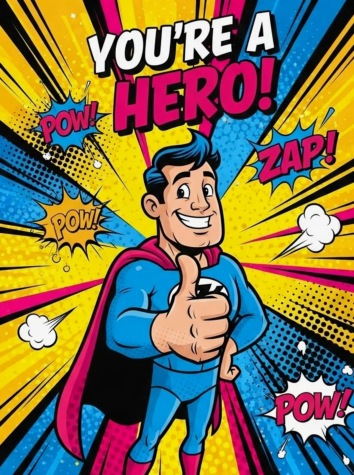 Cartoon superhero thank you card with a smiling superhero character giving a thumbs up, vibrant colors, illustration style, expresses gratitude to a friend