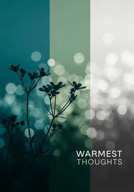 Floral silhouette against bokeh lights, photographic 'Thinking of You' card, meaningful design, warm colors
