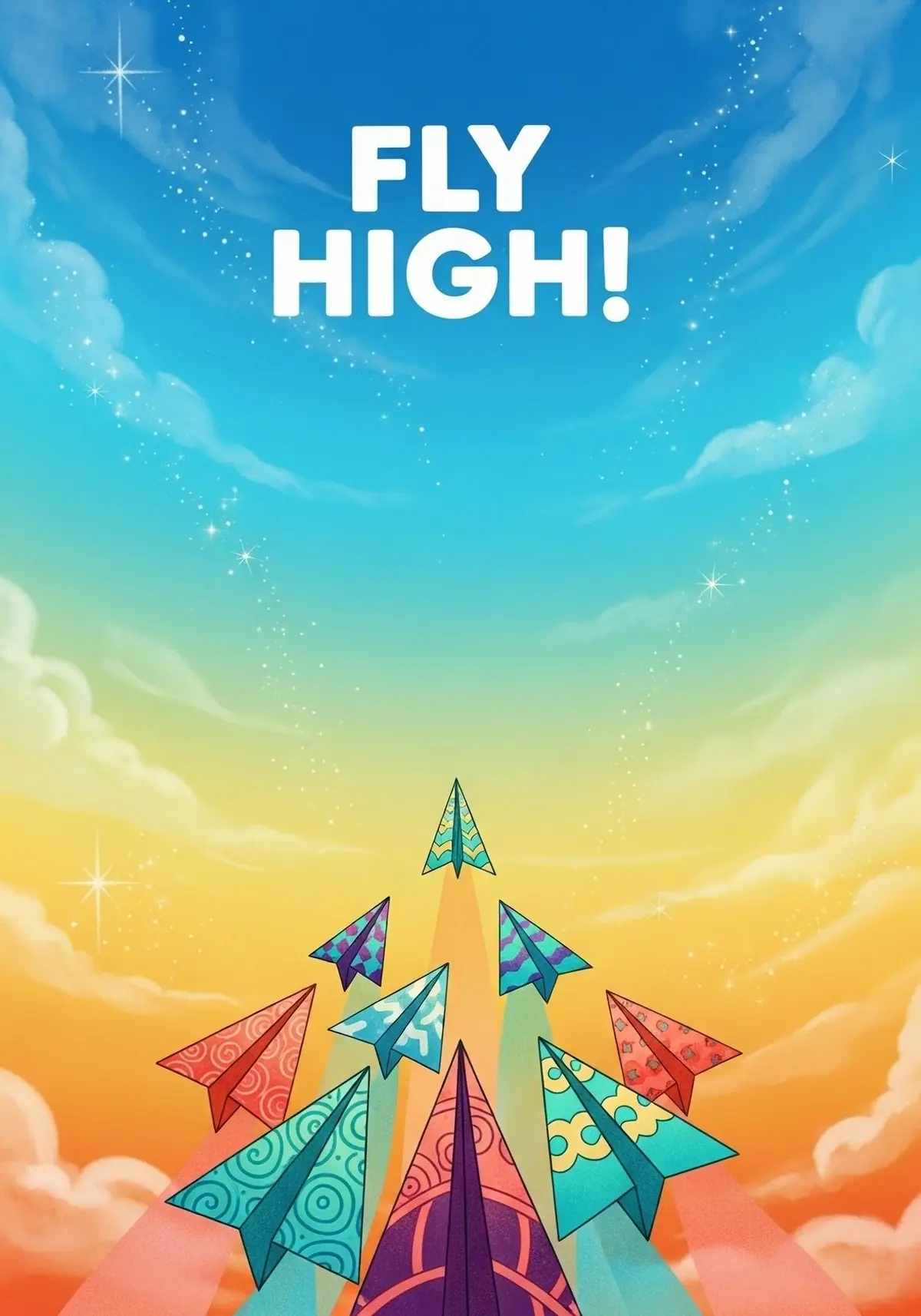 Whimsical congratulations card featuring paper airplanes flying into a colorful gradient sky, symbolizing new beginnings and achievements.