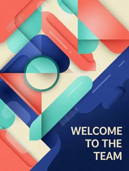 Modern abstract welcome card for new colleague featuring geometric shapes and contemporary colors, suitable for a professional corporate environment.