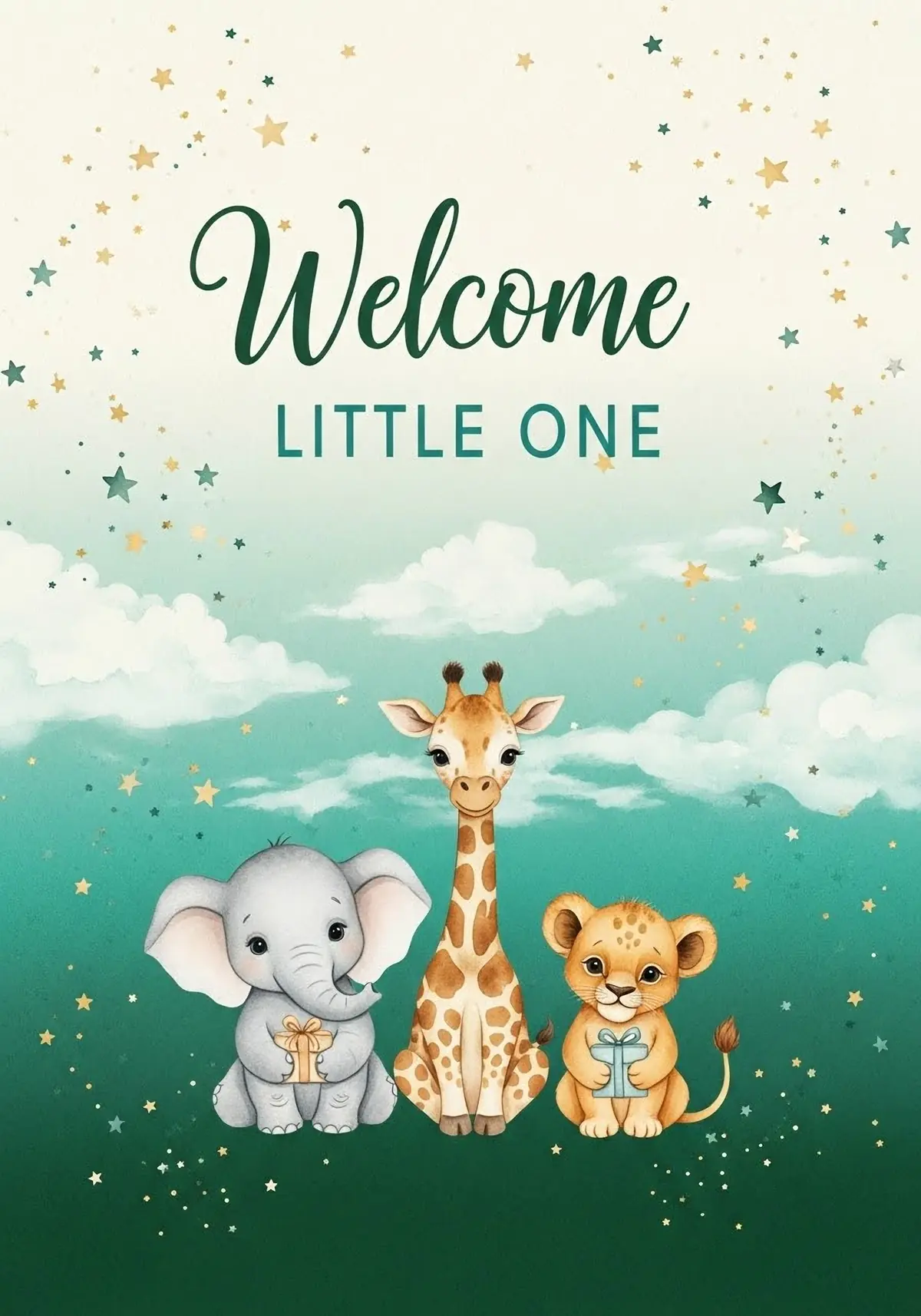 Watercolor illustration of baby animals celebrating a new baby, soft pastel colors, heartwarming design for new parents and baby showers