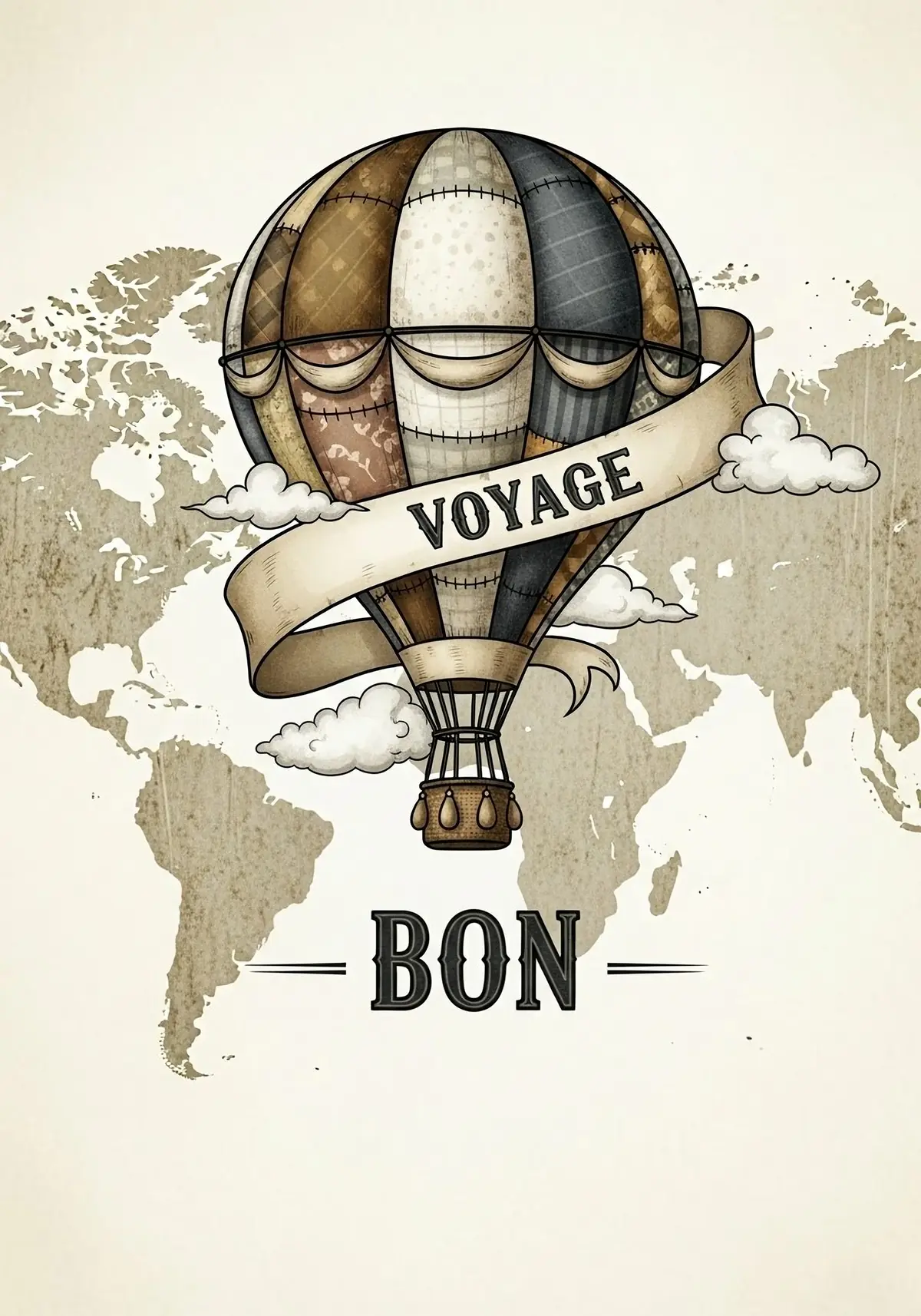 Vintage-style farewell card featuring a hot air balloon illustration over a world map, symbolizing travel and new adventures. Perfect for wishing good luck.