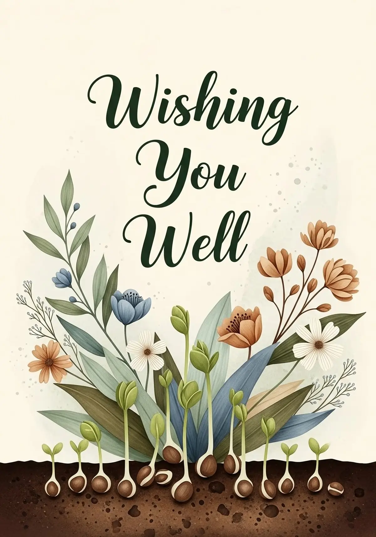 Elegant floral good luck card with sprouting seeds and leaves, symbolizing growth and new beginnings, perfect for sending well wishes.
