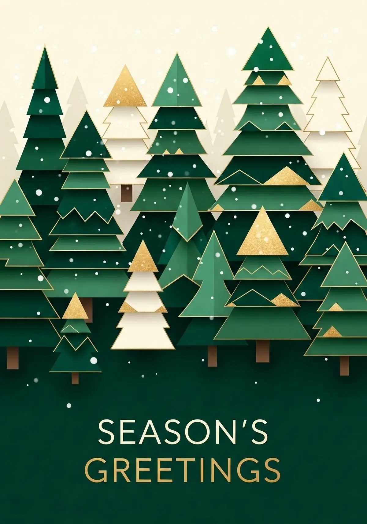 Modern Christmas card with geometric evergreen trees and gold foil accents, festive and elegant design, perfect for holiday greetings.