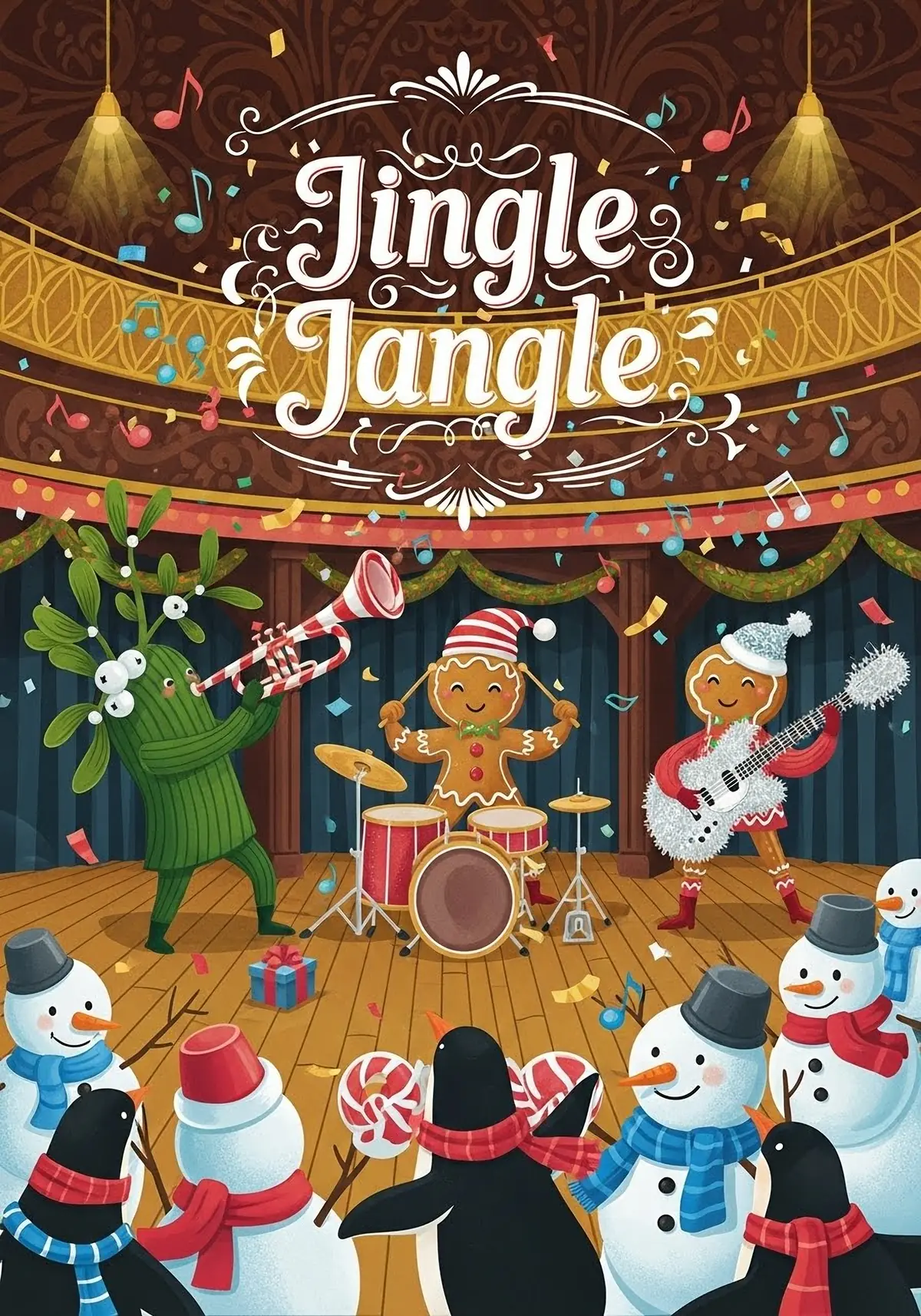 Whimsical holiday card illustration featuring mistletoe playing musical instruments in a chaotic concert setting, festive colors, surreal design.