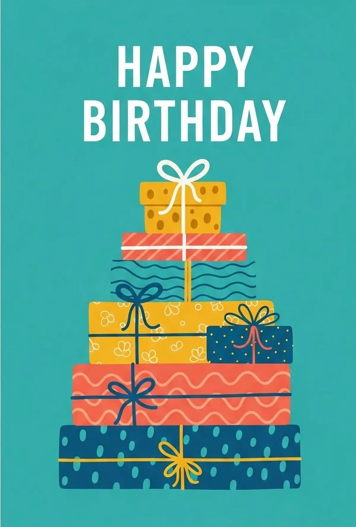 Illustration of a stack of colorful birthday presents, traditional design style, festive and cheerful, perfect for birthday celebrations.