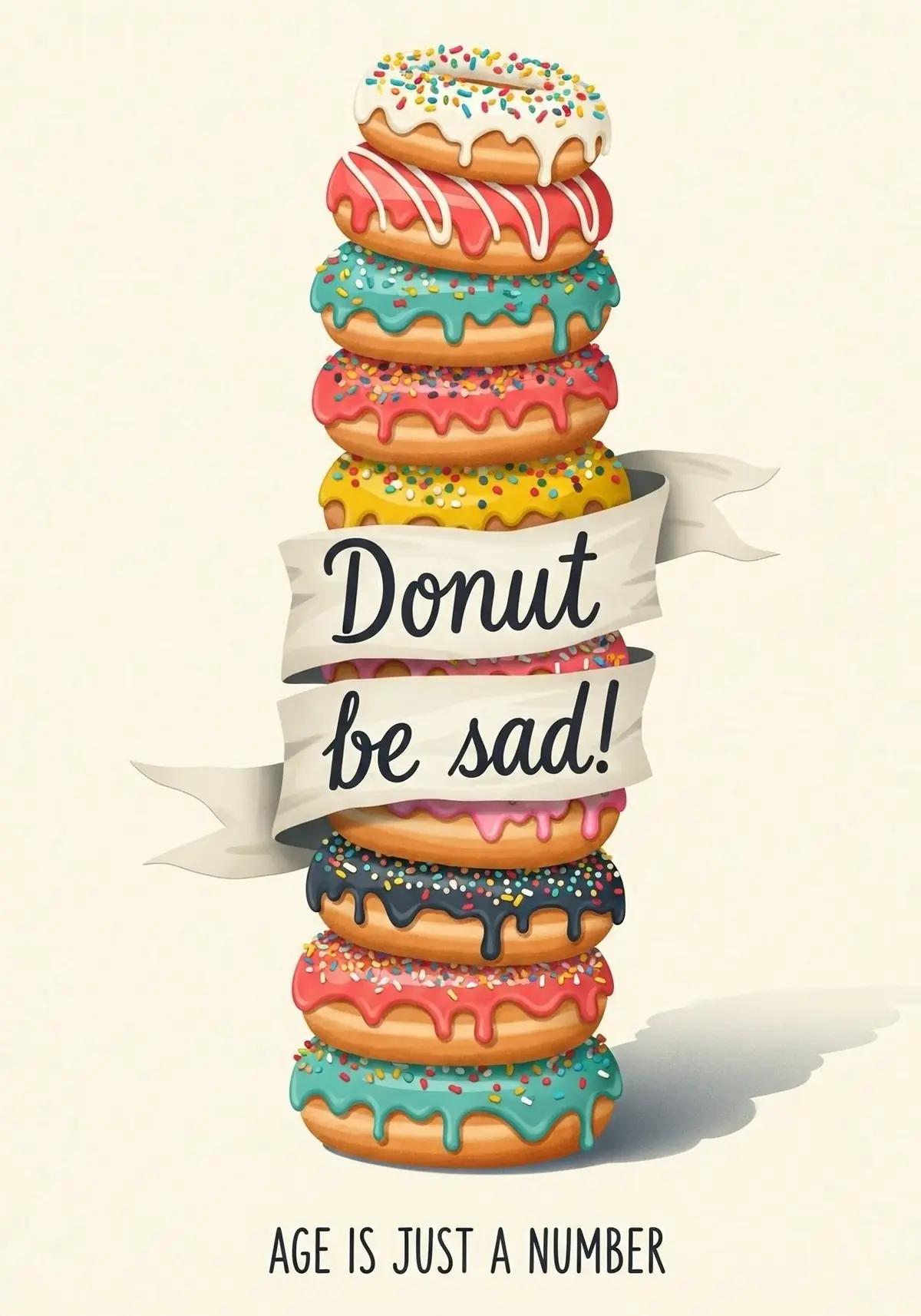 Humorous birthday card featuring a colorful illustration of a donut tower, with the text 'Age is Just a Number... of Donuts'.