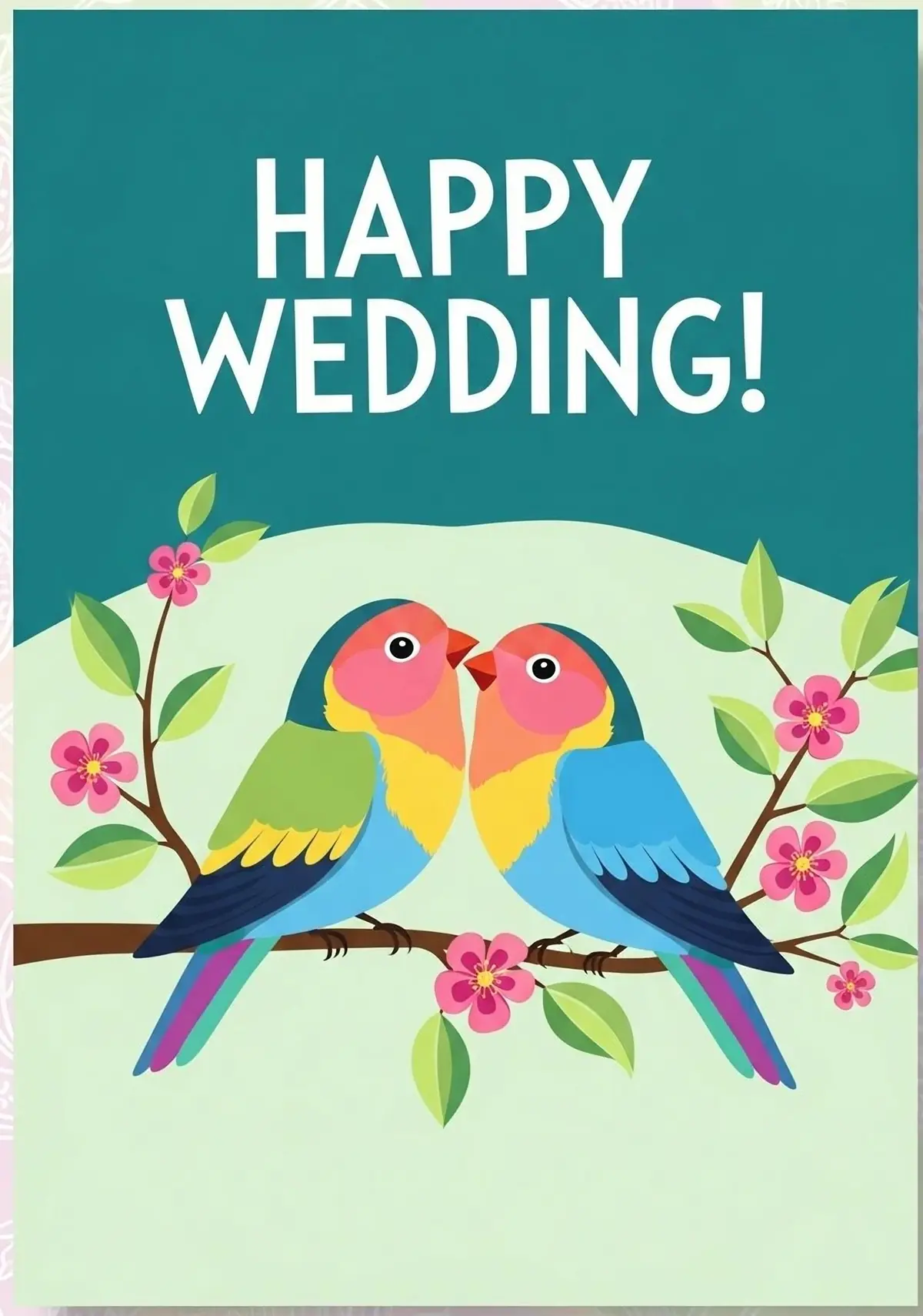 Whimsical wedding card with two lovebirds on a floral branch, illustration design style, colorful and cute, celebrating a wedding or engagement.