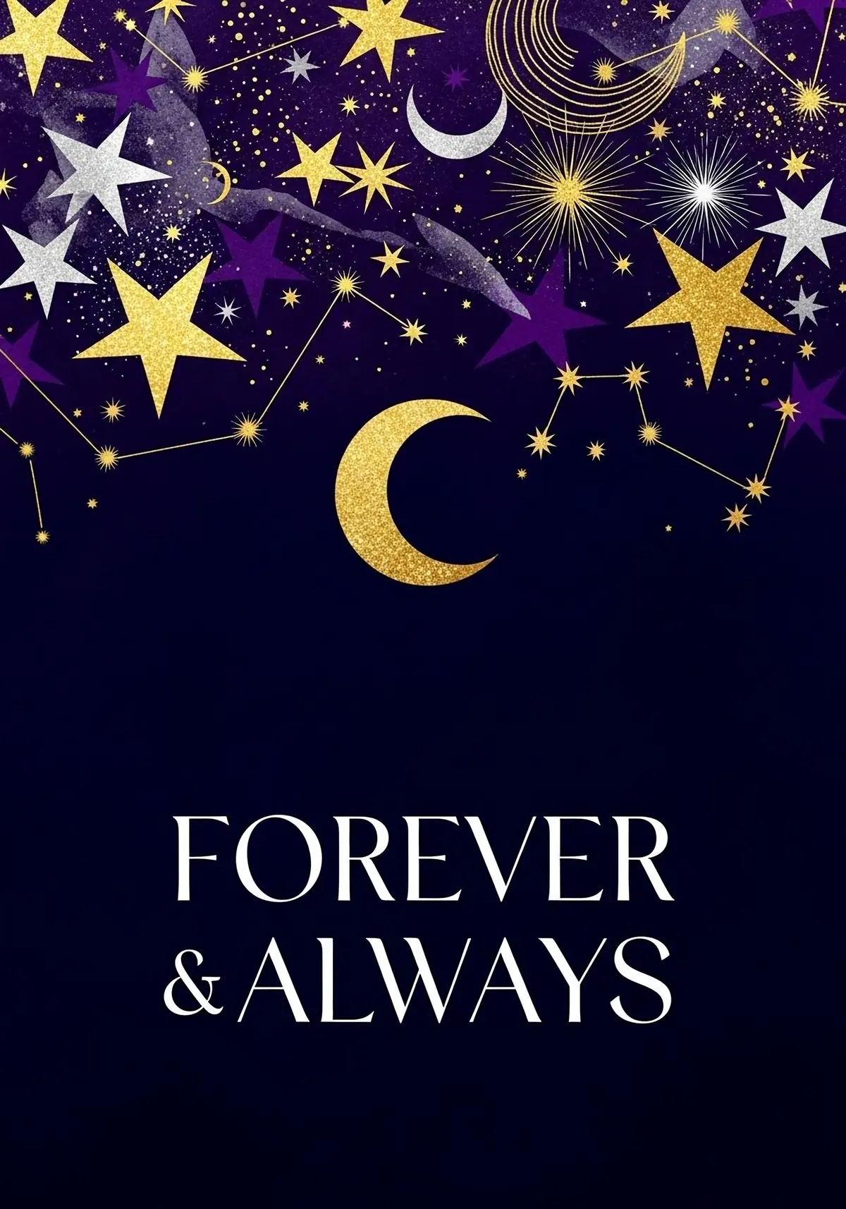 Romantic wedding card featuring an abstract celestial illustration with gold foil accents, suitable for a wedding or engagement.