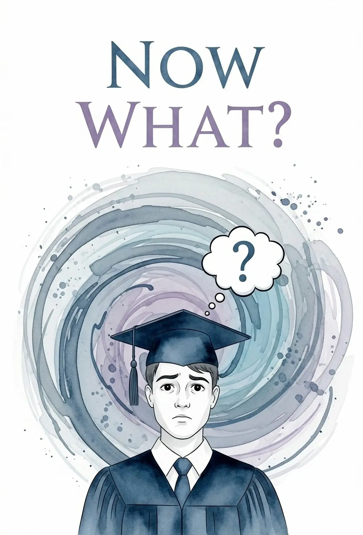 Watercolor graduation card featuring a perplexed graduate with the text 'Now What?', humorous and artistic design, perfect for friends graduating.