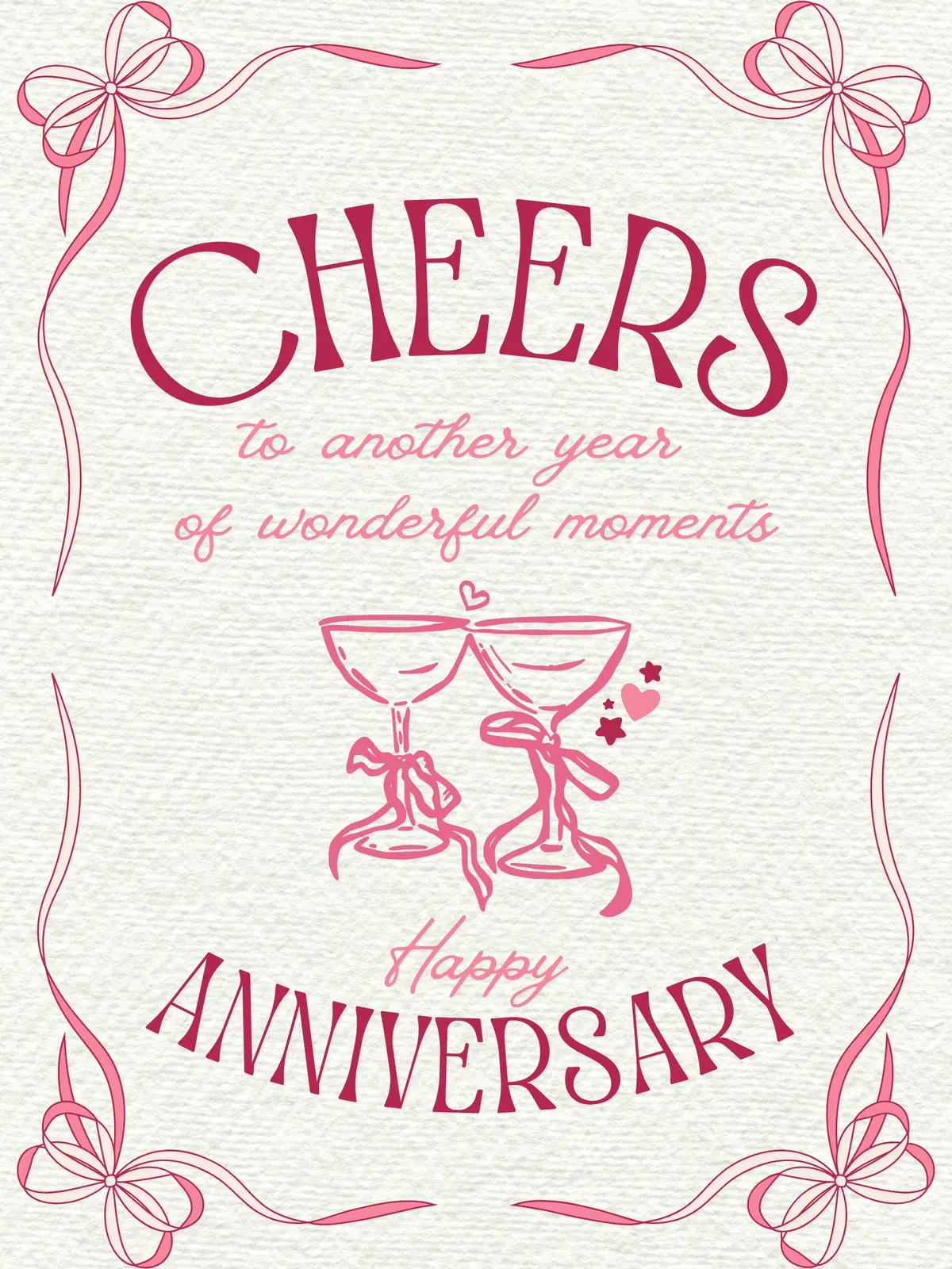 Romantic anniversary card with pink ribbon borders, toasting glasses illustration, and elegant typography on a textured background, perfect for celebrating love.