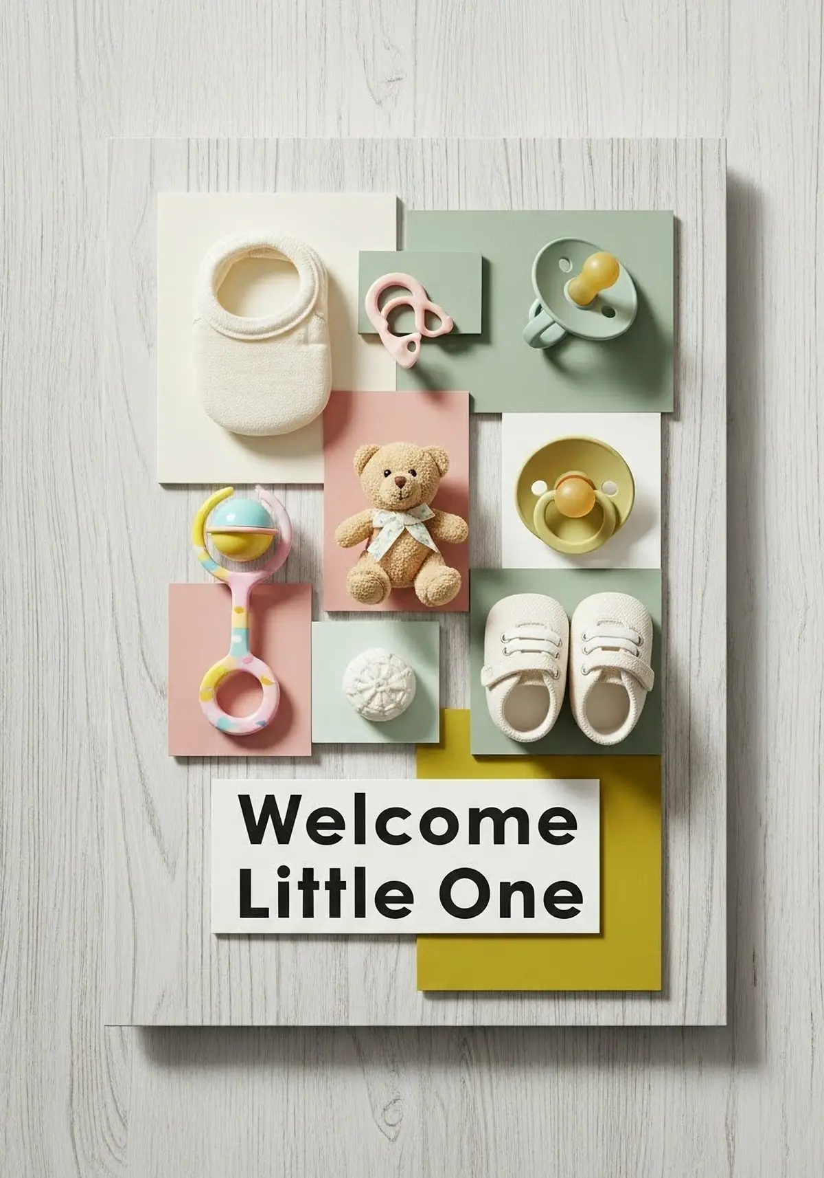 Adorable baby shower card featuring a collage of baby items like a teddy bear, rattle, and shoes on a light wooden background, playful font.
