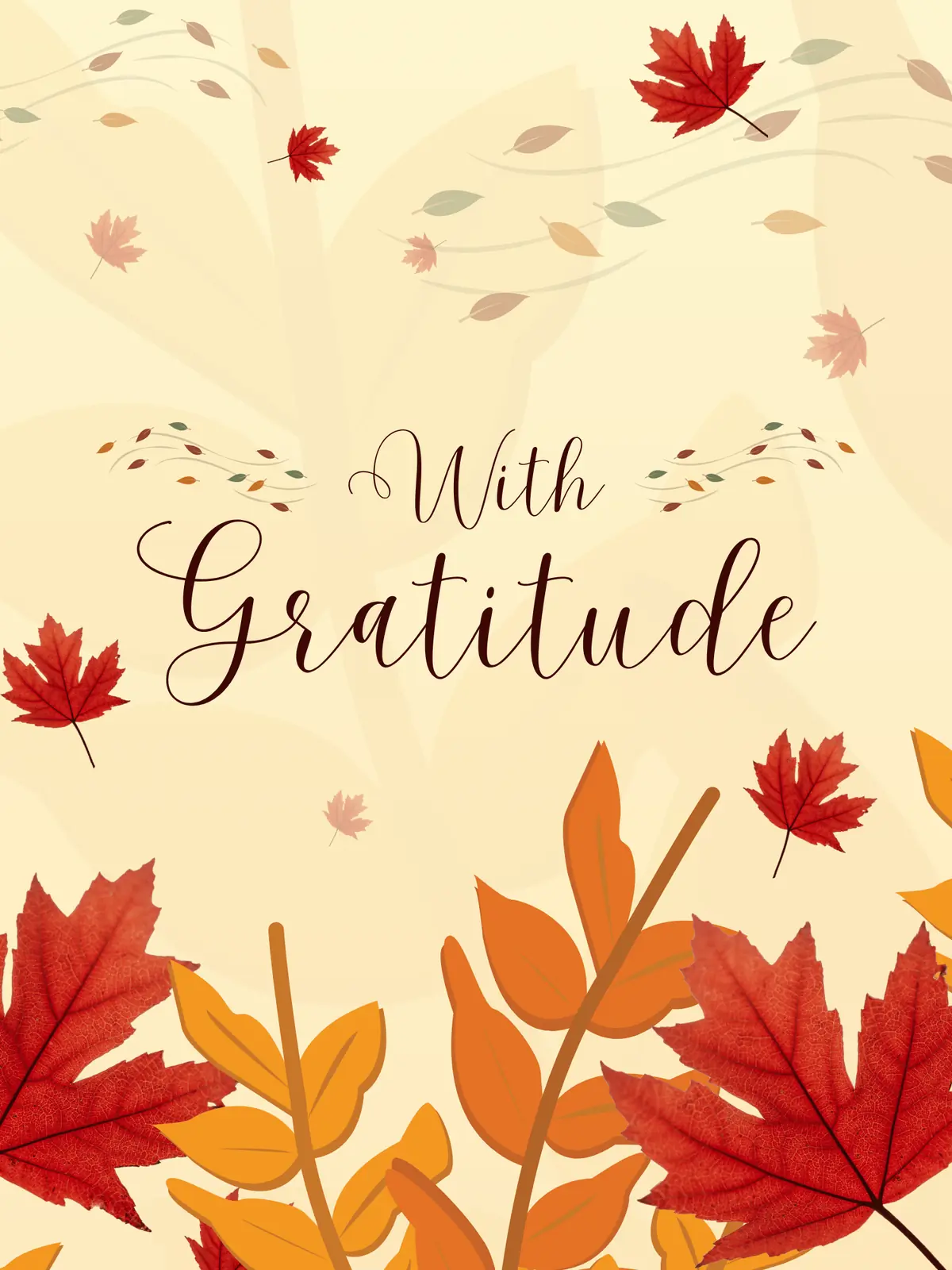 Rustic thank you card featuring colorful autumn leaves, photographic style, conveying gratitude and appreciation during the fall season.