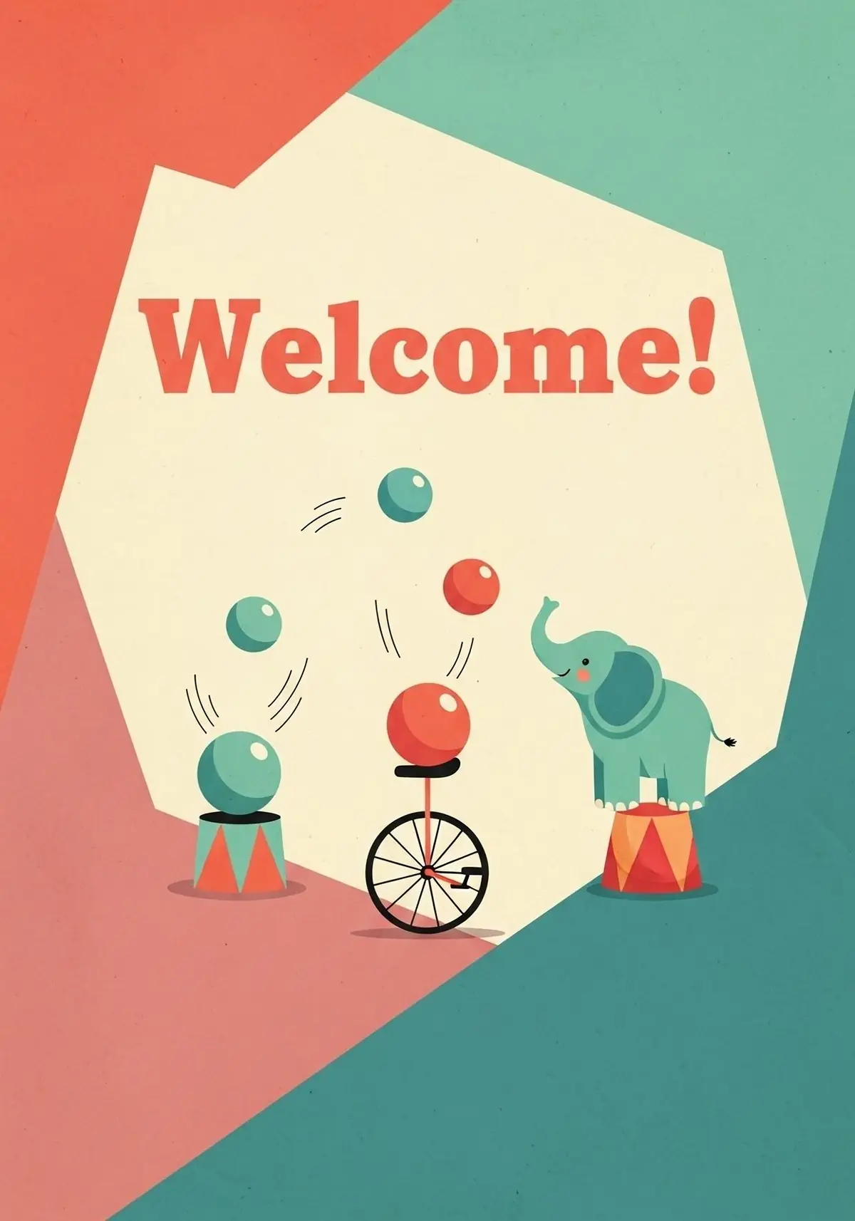 Vintage circus-themed welcome card with playful fonts and minimalist design, perfect for welcoming a new colleague with humor and fun.