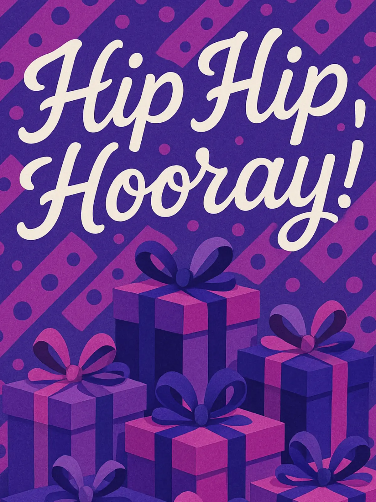 Colorful illustrated birthday card featuring a pile of presents and the message 'Hip Hip Hooray,' perfect for celebrating birthdays in a fun and cheerful way.