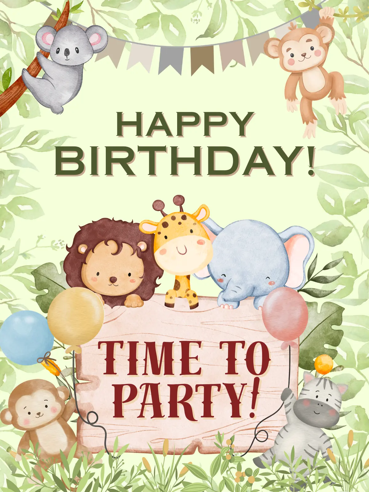A watercolor-style birthday card featuring a colorful animal carnival with cute animals celebrating with balloons and confetti, perfect for kids and friends.