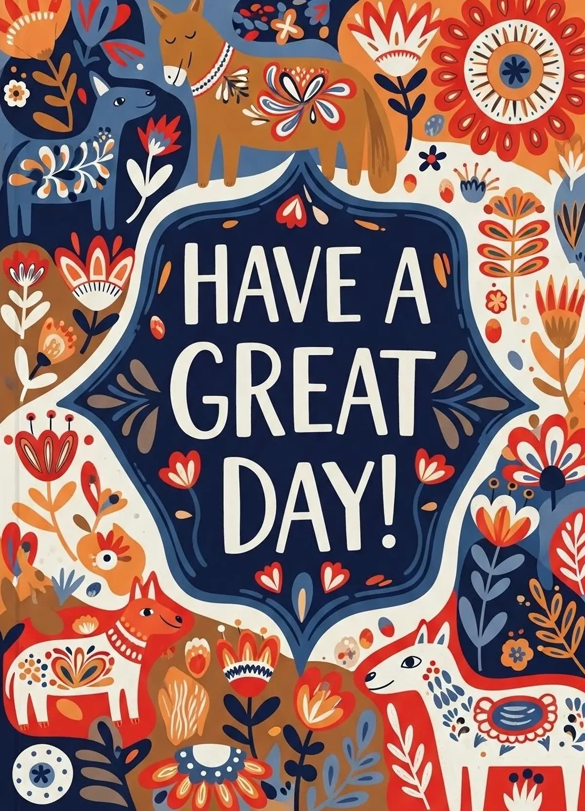 Whimsical birthday card featuring Scandinavian folk art illustrations with warm colors, perfect for celebrating a birthday.