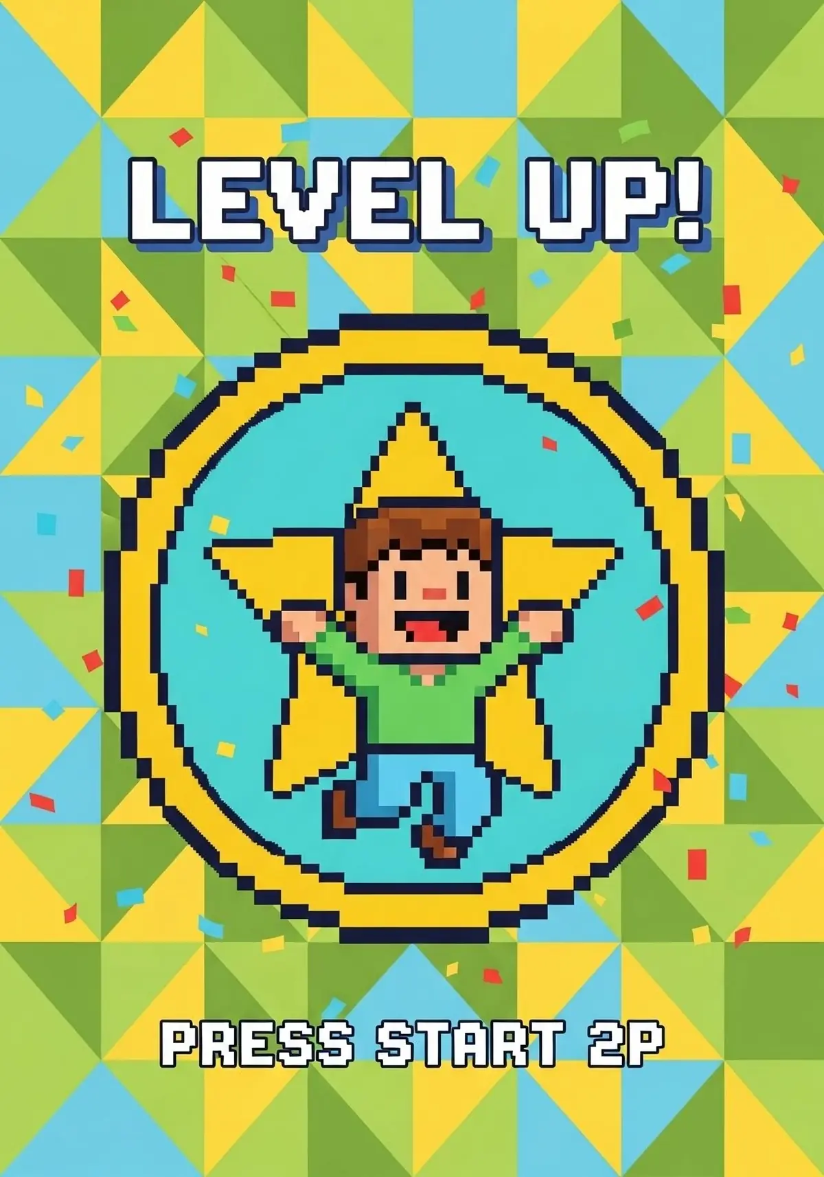 Pixel art 'Achievement Unlocked!' congratulations card featuring a gaming achievement badge design, celebrating success with a modern and playful style.