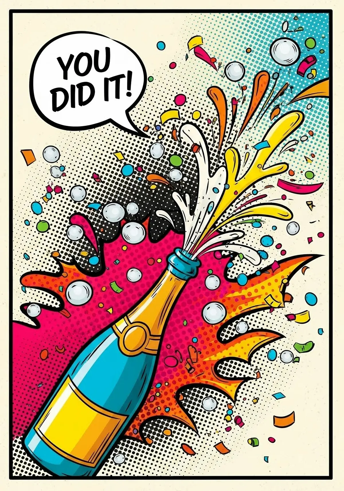 Pop Art congratulations card featuring bold colors and a playful illustration, perfect for celebrating achievements and milestones.
