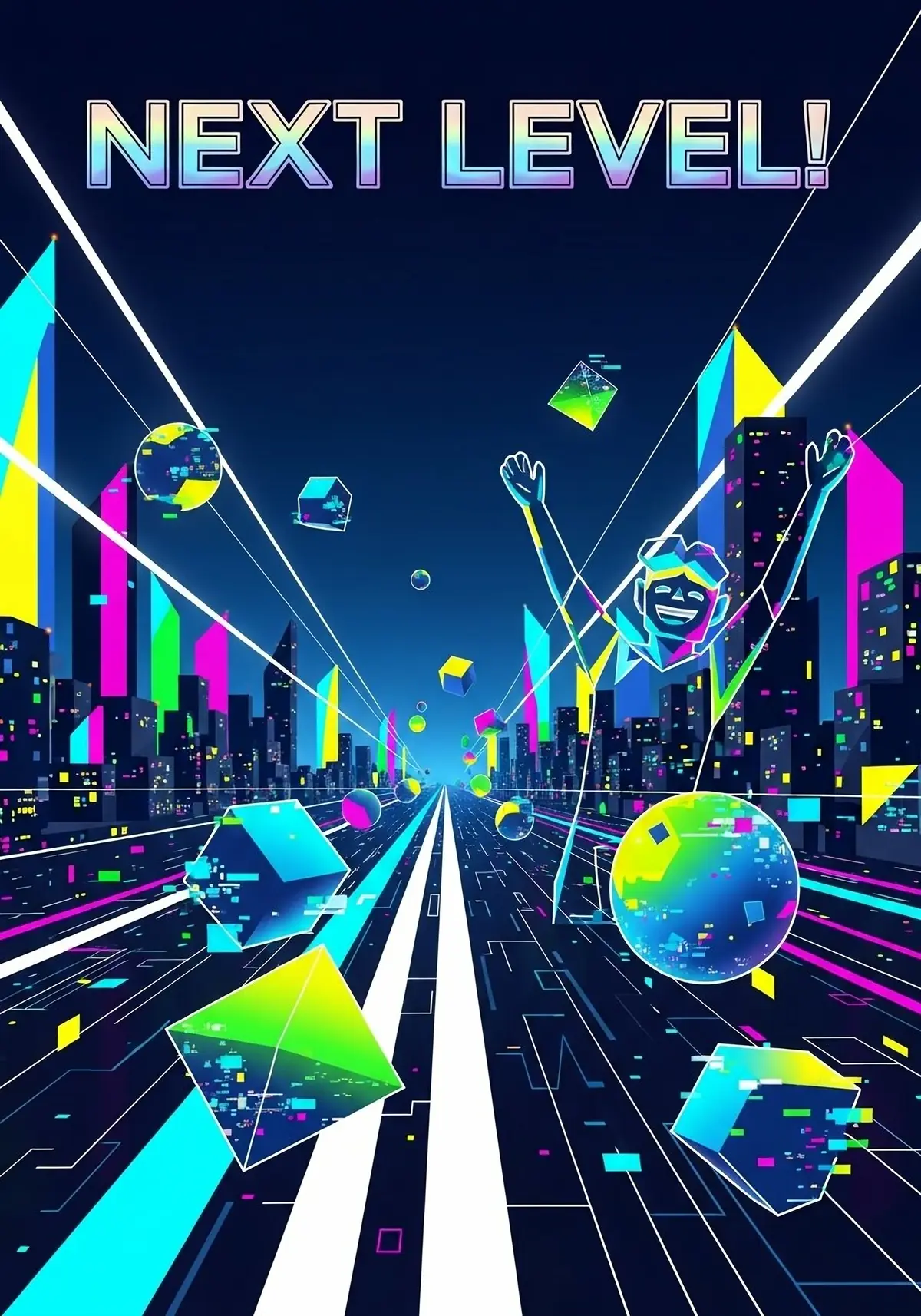 Futuristic congratulations card featuring geometric shapes and a digital design, perfect for celebrating achievements in a tech-inspired style.