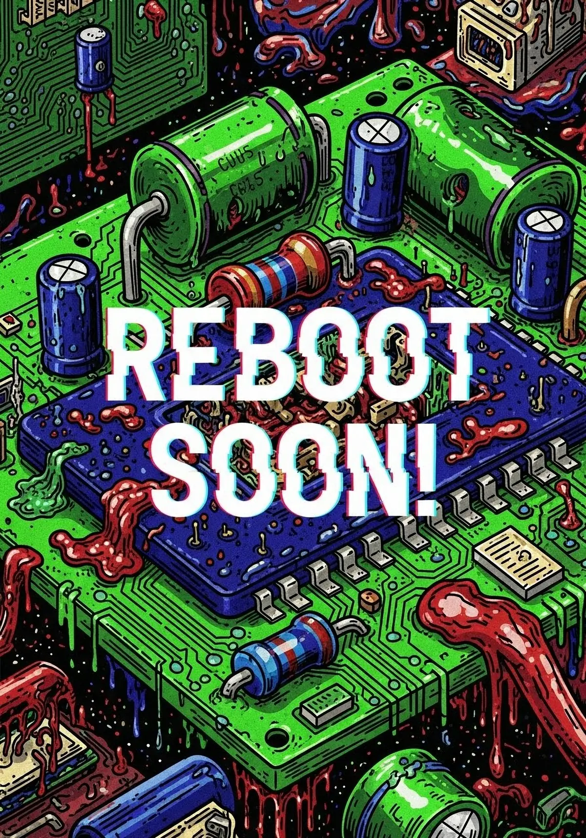 Modern get well card featuring a geometric circuit board design in high-contrast colors, suitable for tech enthusiasts and colleagues.