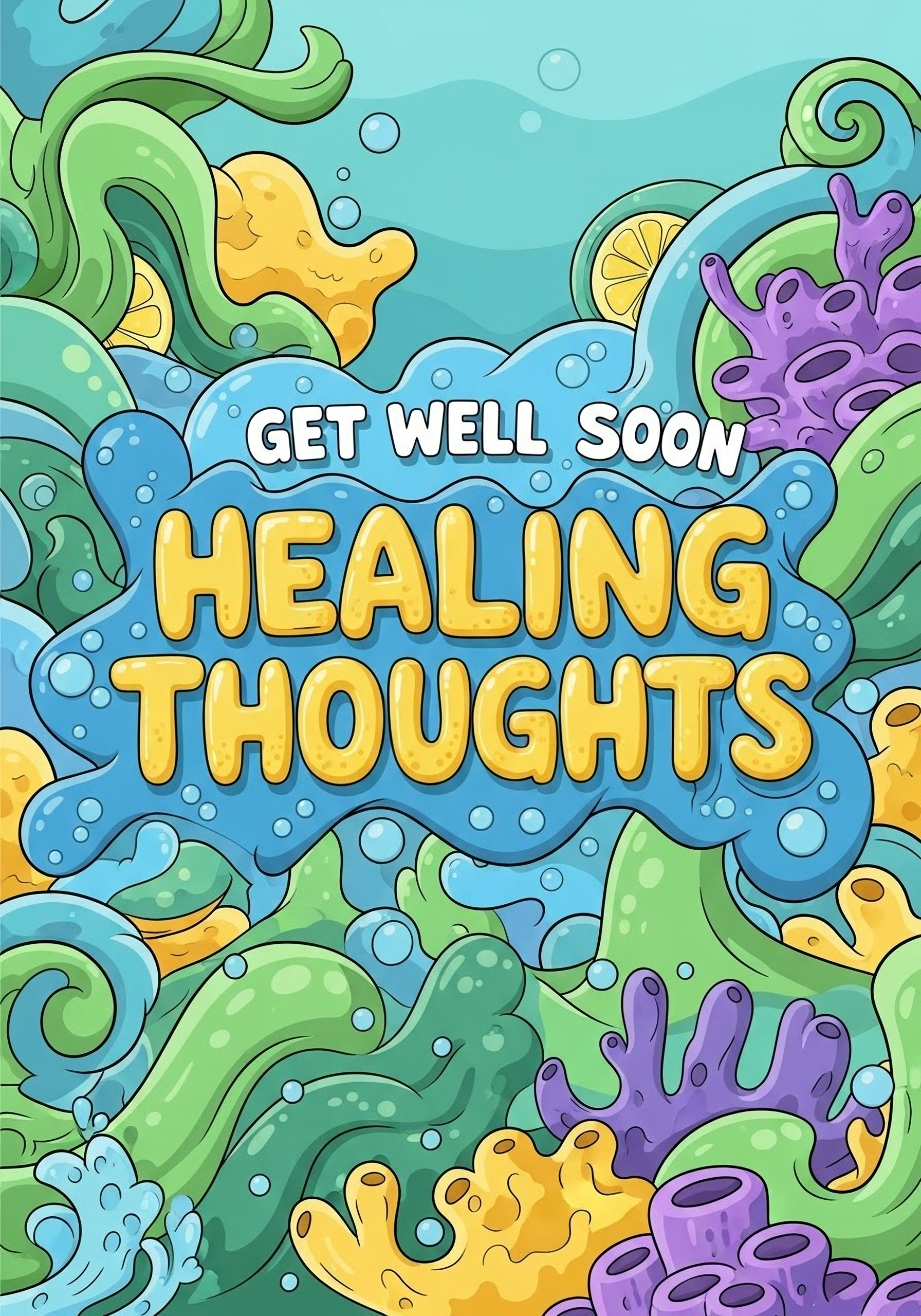 Organic greeting card design with fluid lines and natural textures, resembling coral reefs and ocean waves, calming color palette.