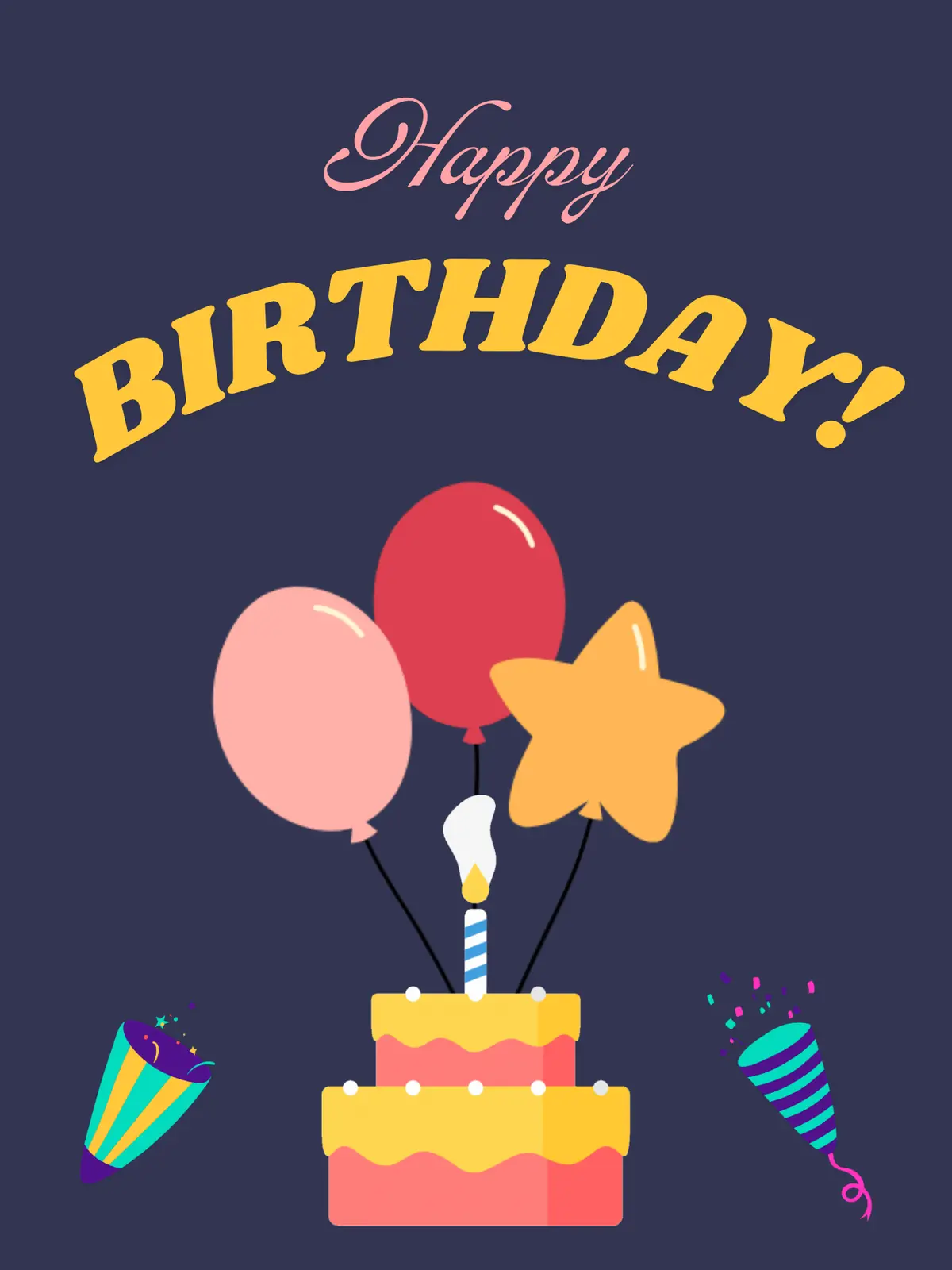 Colorful birthday card featuring a layered cake with balloons and party poppers, illustration style, for a fun birthday celebration.