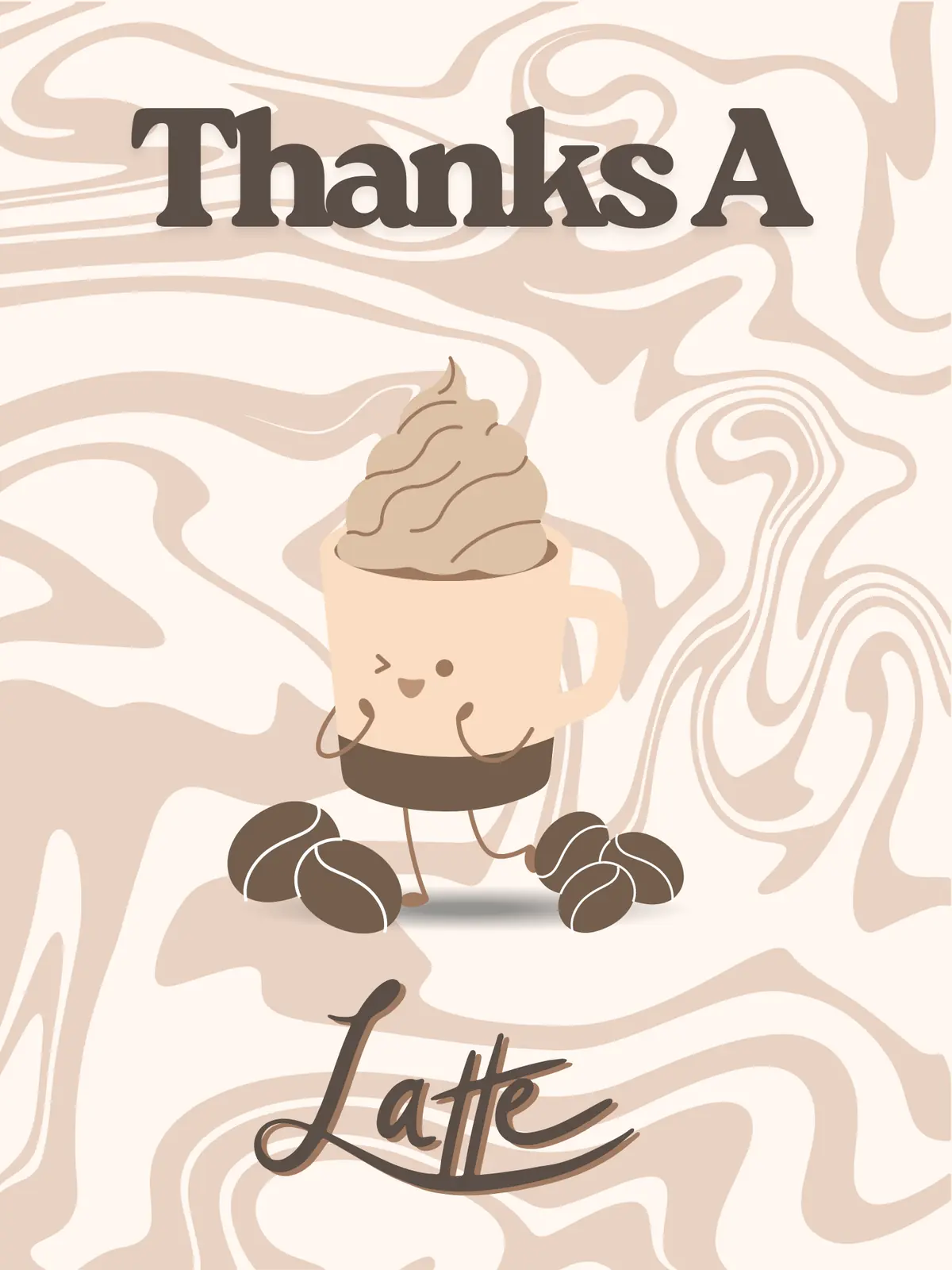 Cute cartoon latte cup thank you card with marble background, coffee beans, and "Thanks A Latte" pun. Humorous and whimsical design.