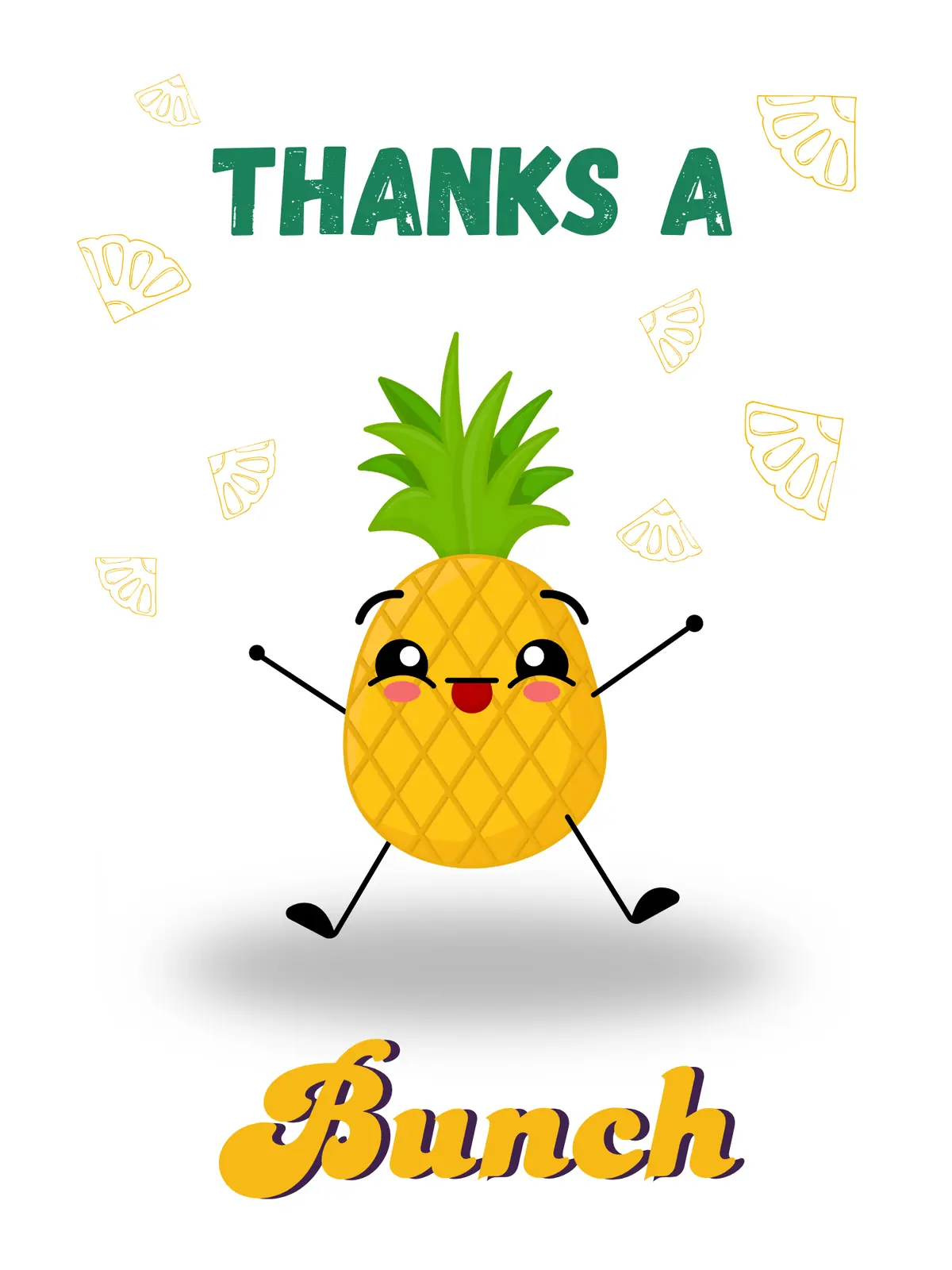 Funny thank you card featuring a joyful pineapple character, abstract design, expressing gratitude and appreciation.