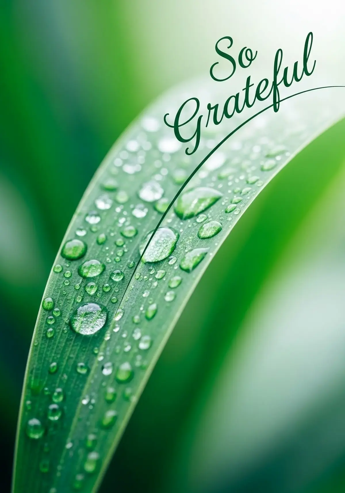 Close-up photograph of a green leaf covered in morning dew, a photographic thank you card expressing gratitude and appreciation.