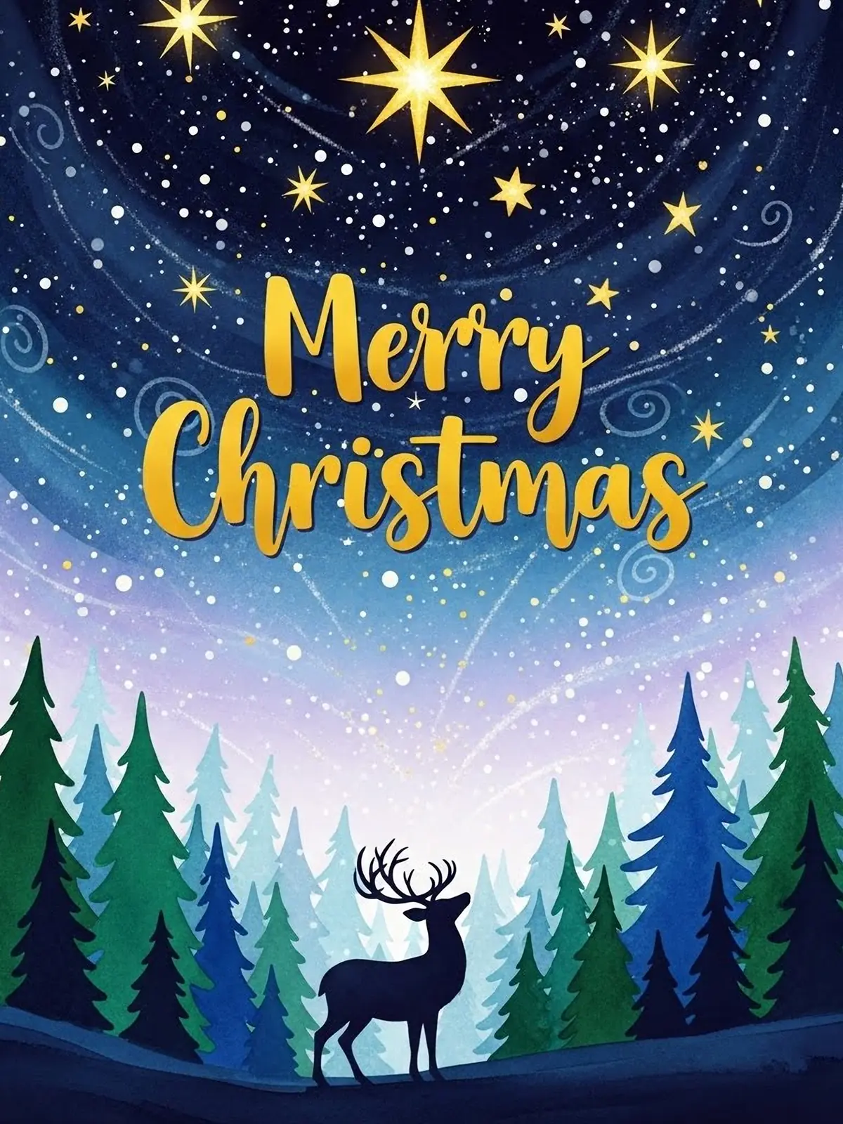 Whimsical Christmas card featuring a starry winter night scene with a reindeer silhouette and Christmas trees in a painterly style.