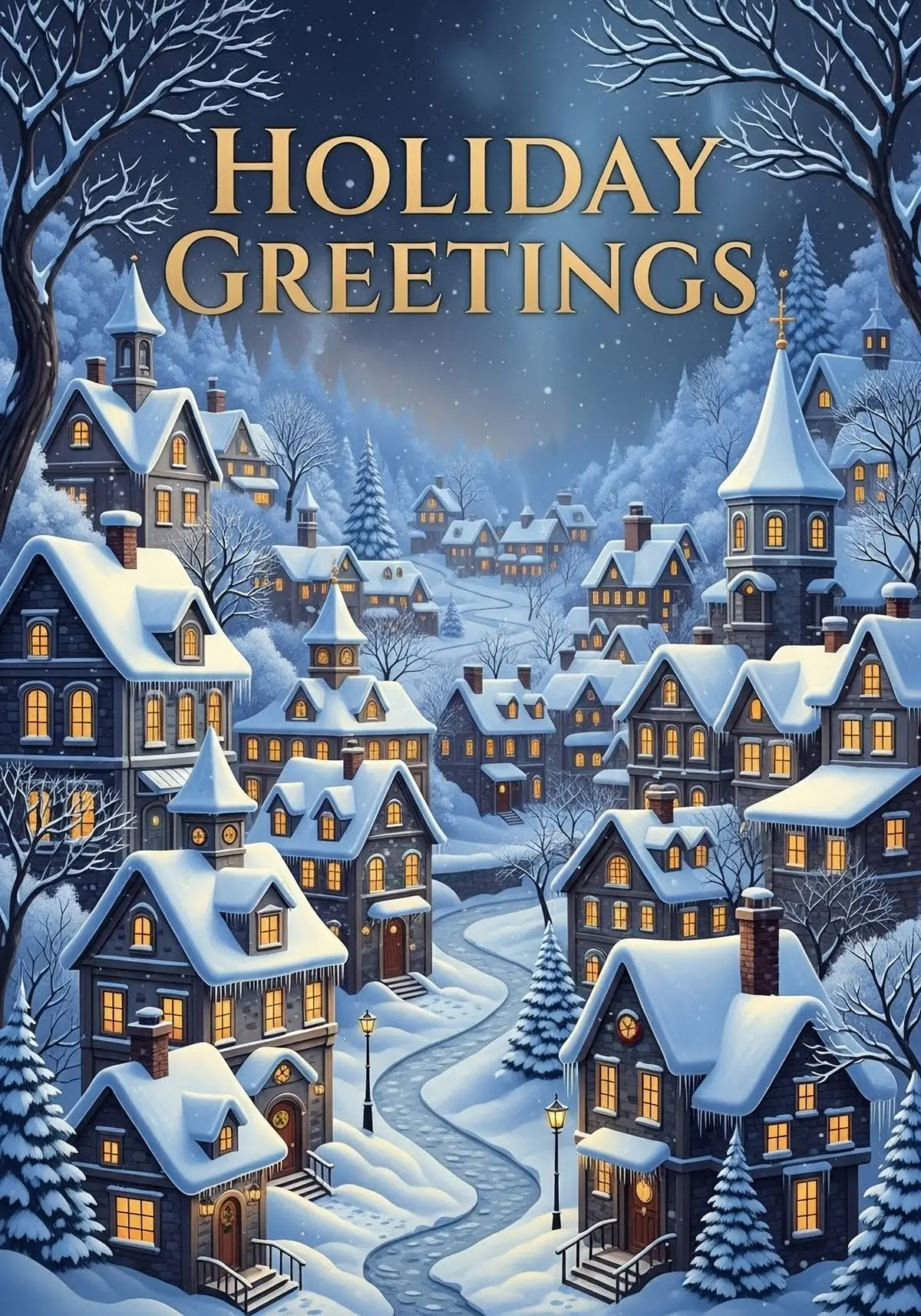 Christmas eCard featuring a detailed illustration of a snow-covered winter village at night with warmly lit windows, nostalgic style.