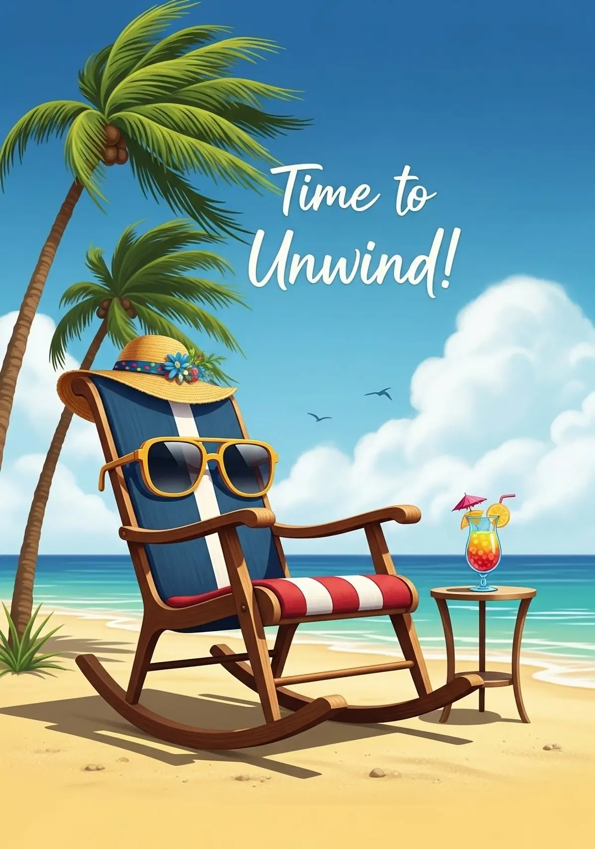 Funny retirement card featuring a rocking chair relaxing on a sunny beach, illustration design style, perfect for celebrating a relaxing retirement.